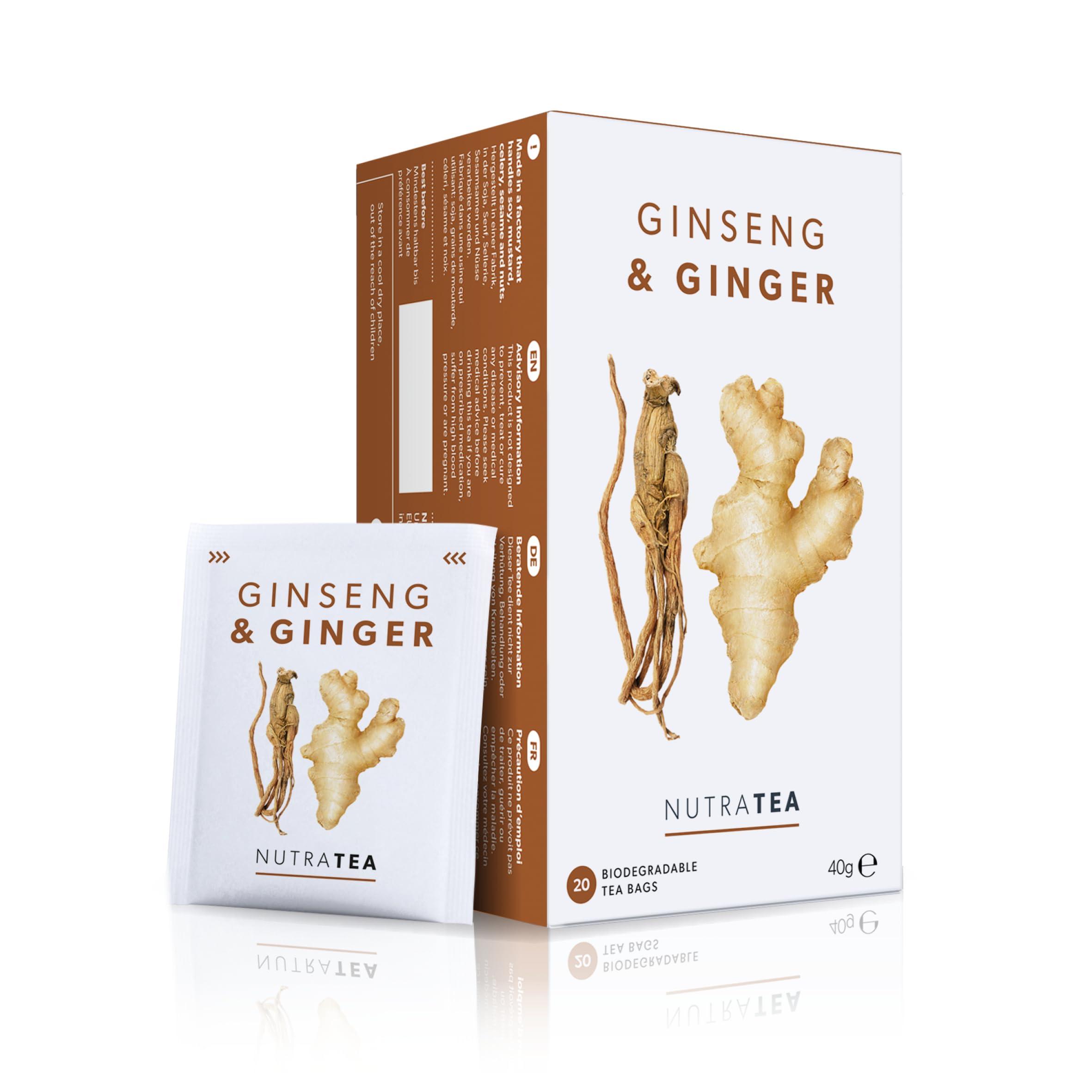 Nutra Tea Té de jengibre y ginseng, 120 bolsas envueltas individualmente, infusión de hierbas (paquete de 6)