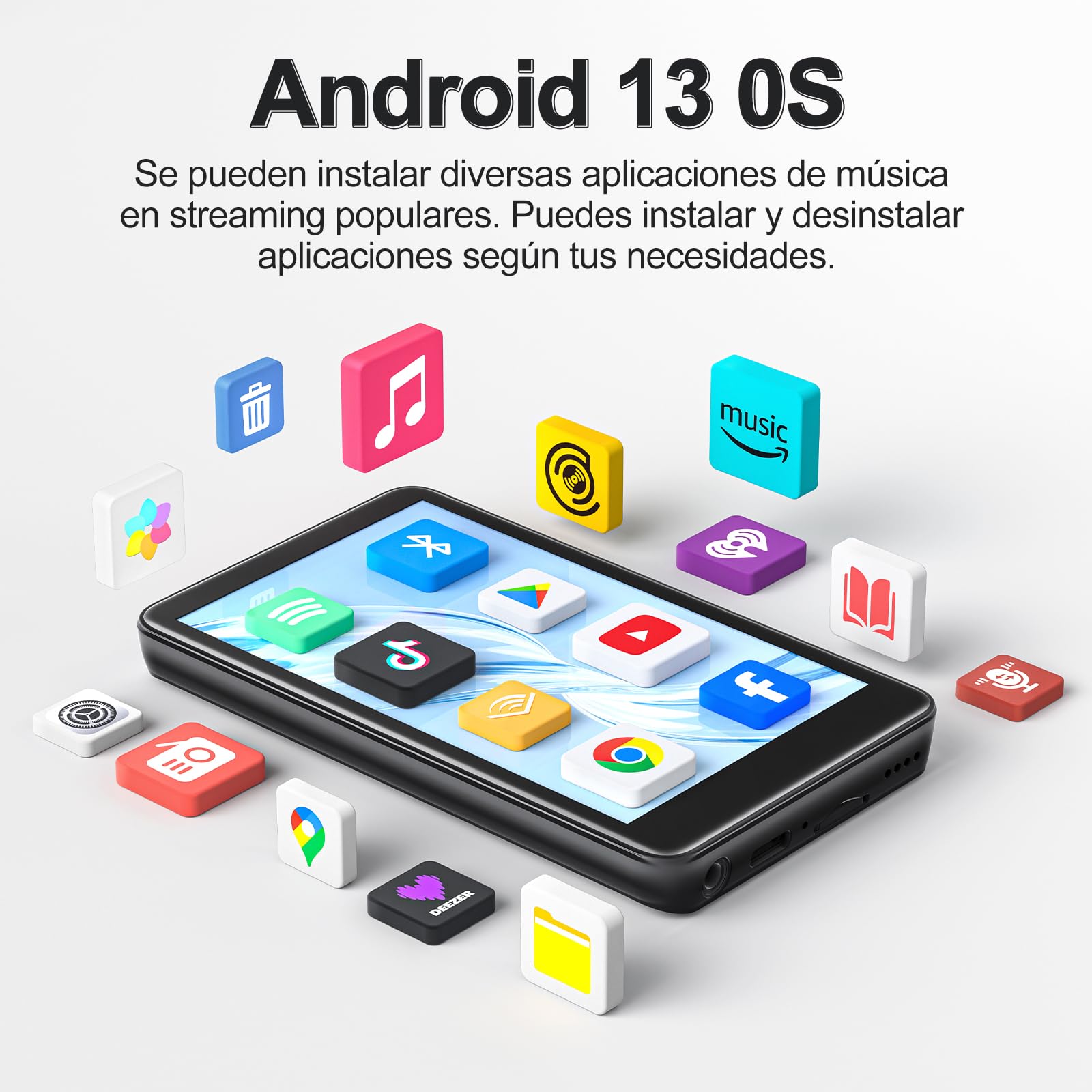 Diofox Reproductor MP3 de 160 GB con Bluetooth y WiFi, Android 13.0 MP3 Player Spotify, 4,02 pulgadas, pantalla táctil MP3, reproductor MP4, Amazon Music, Deezer, FM Radio, Play Store, reproductor de