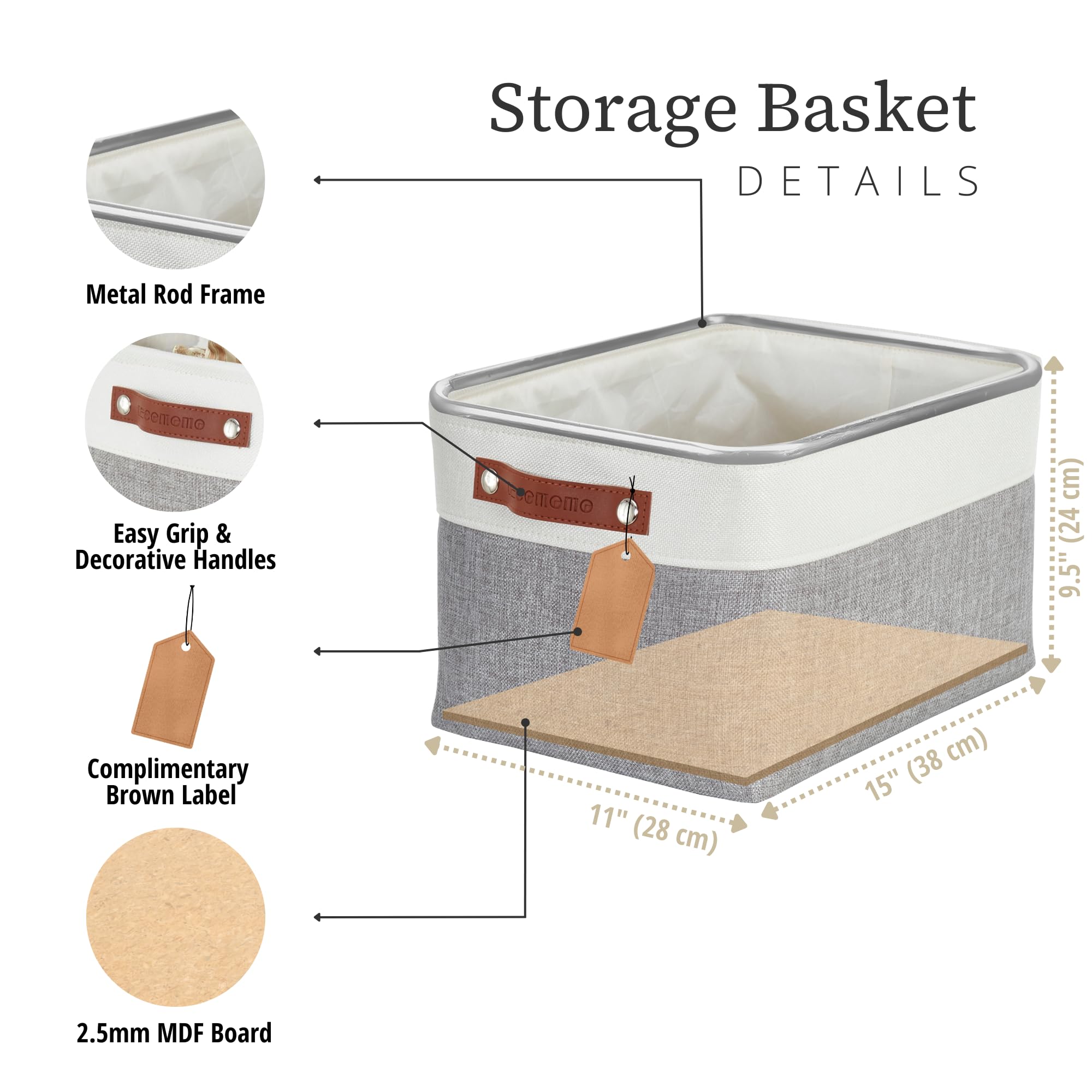 DECOMOMO Storage Baskets | Storage Boxes Fabric Organiser Storage for Wardrobe, Toys, Shelves, Office, Home & Nursery (Large Grey and White 15 x 11 x 9.5 – Set of 3) — view 3