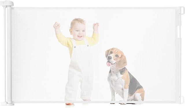 GYMAX Retractable Gate, Relocatable Mesh Safe Guard Easy to Roll and Latch, Baby and Pets Safety Gates for Door Stair Hallway (146 x 86cm, White)