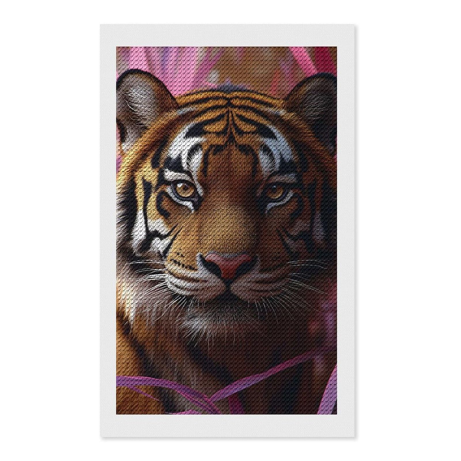 Junmoney Tiger Portrait with Pink Foliage Diamond Art Kit 12"x20", for Beginners, Vintage Style Decor, Good for Quiet Evenings, Festive Craft Gift