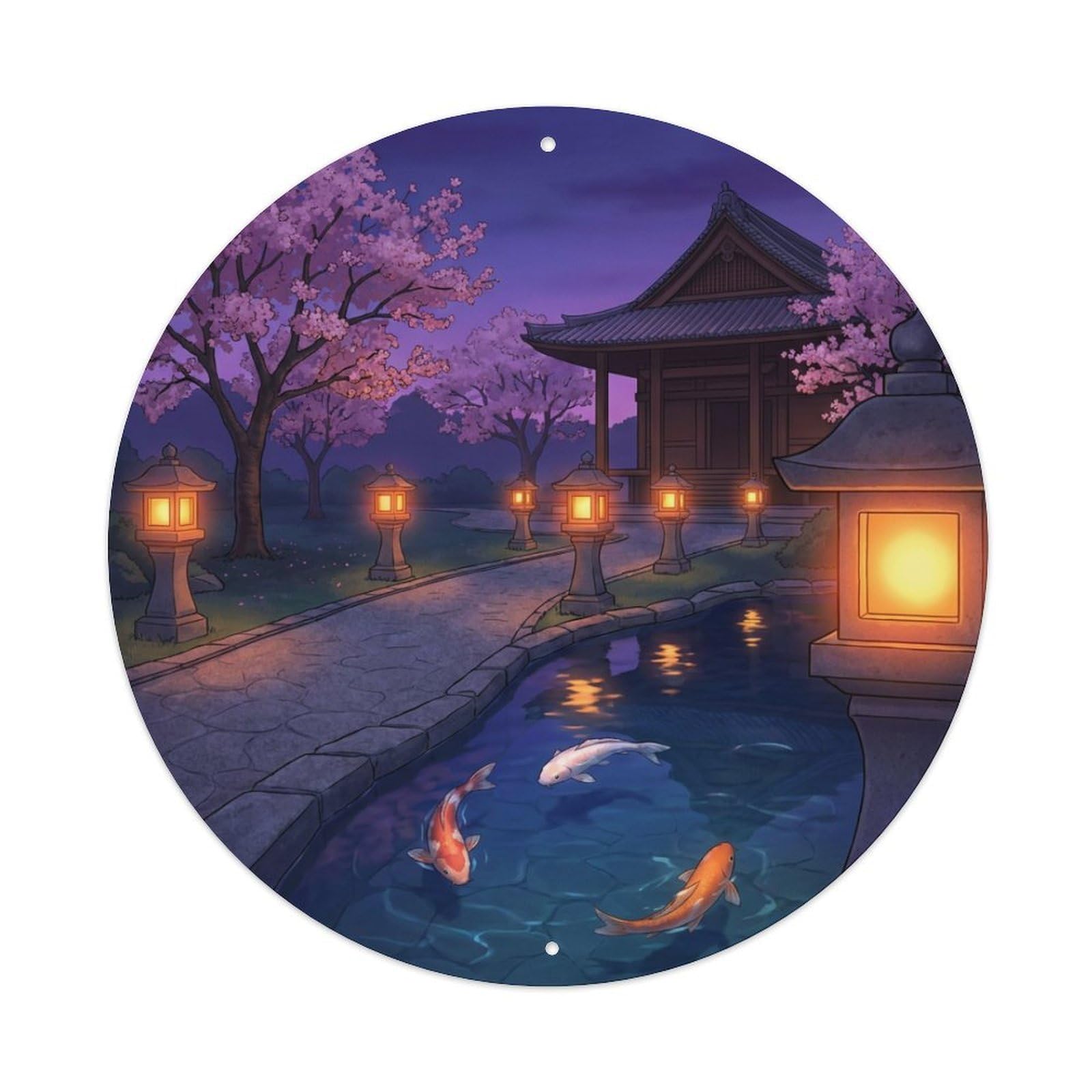 Galvaxio Style Japanese Koi Fish Twilight Lanterns Glowing Path Metal Tin Sign