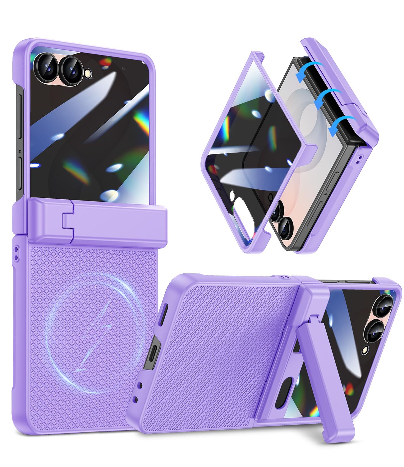 Magnetic for Samsung Galaxy Z Flip 8 Case with Hidden Kickstand, Purple | with Built-in Privacy Screen Protector & Hinge Protection, Compatible with MagSafe, Shockproof Non-Slip Textured Phone Cover Purple Galaxy Z Flip 8
