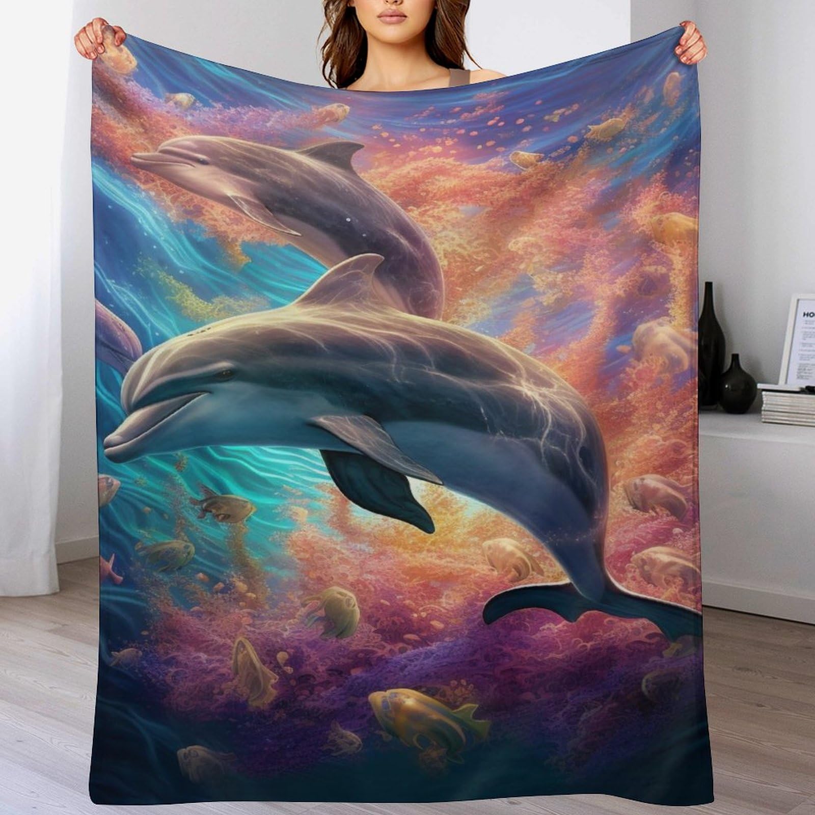 Couverture dauphin plaid en flanelle 180x200cm jeté de lit pour chambre garçon et adulte