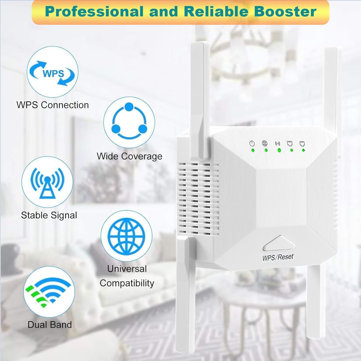 WiFi Repeater WiFi Signal Amplifier,WiFi Extender,4 Antennas, 2 LAN Ports,WiFi Repeater,Router and AP Mode,200 Square Meters of WiFi Coverage,Suitable for Home and Outdoor