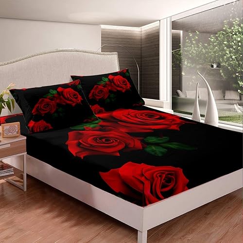 Feelyou Juego de sábanas bajeras rosas con estampado floral rojo, ropa de cama romántica para mujer, tamaño Queen, incluye 1 sábana y 2 fundas de