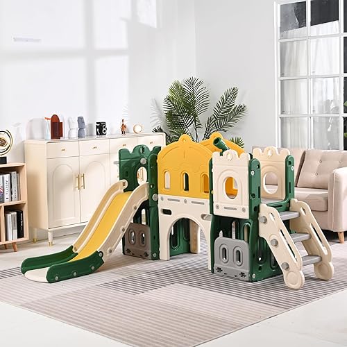 Lischwert Toddler Slide, Indoor Slide Playground Set for Kids, Outdoor Slide Freestanding Playset, 7-in-1 Slide with Basketball Hoop and Climber for Kids Age 1+(Yellow/Green)