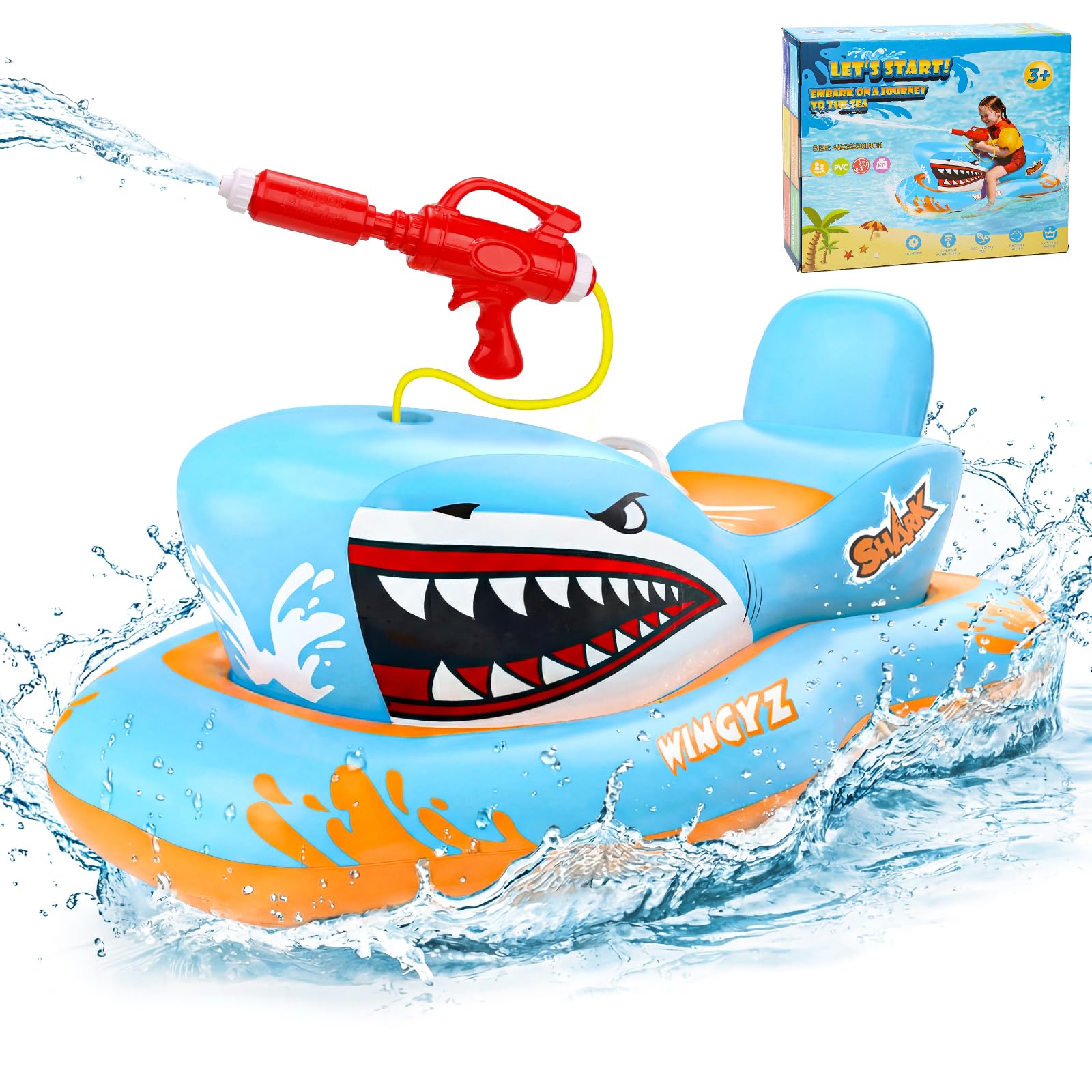 Wingyz Pool Spielzeug, Haifisch Luftmatratze Kinder mit Wasserpistole,Aufblasbares Schwimmtier Boot 3-12 Jahre, Wasserspielzeug Planschbecken Garten, Geschenk Jungen & Mädchen