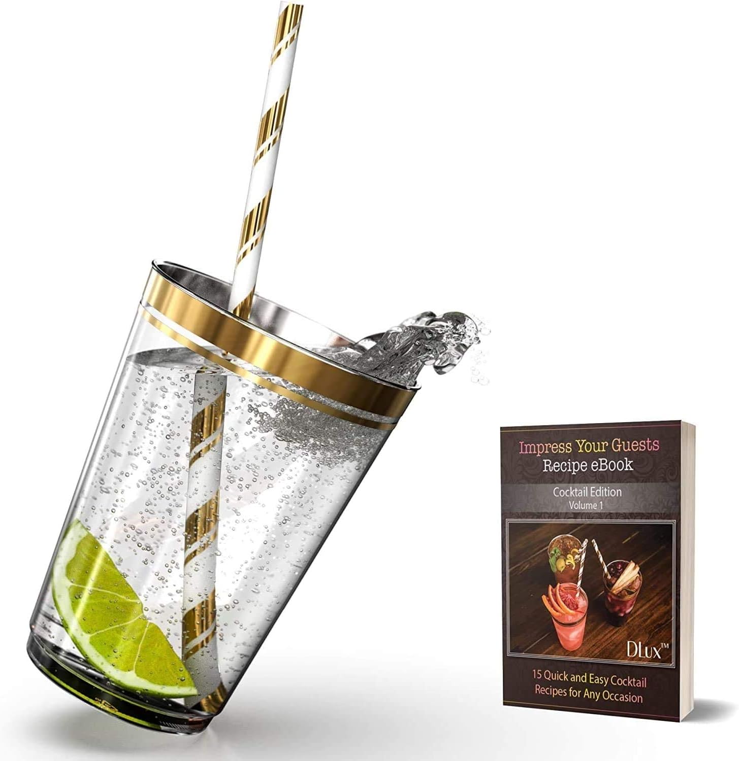 12 oz Gold Rim Plastic Cups with Paper Straws - 50 Elegant Reusable Clear Rimmed Cocktail & Dessert Tumblers for Weddings & Special Events - Reusable - With Drinks Recipe eBook