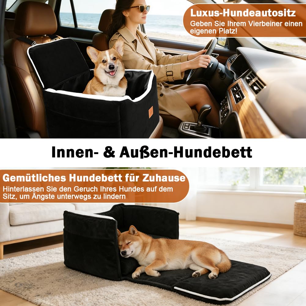 SZEE Stabiler Reise Hunde Autositz für Kleine/Mittlere Hunde bis 15 Kg, Einzigartiger Hundesitz Auto mit Abnehmbares Kunstleder-Inlay,Ausklappbares Hundebett mit Zwei Metall-Sicherheitsgurte