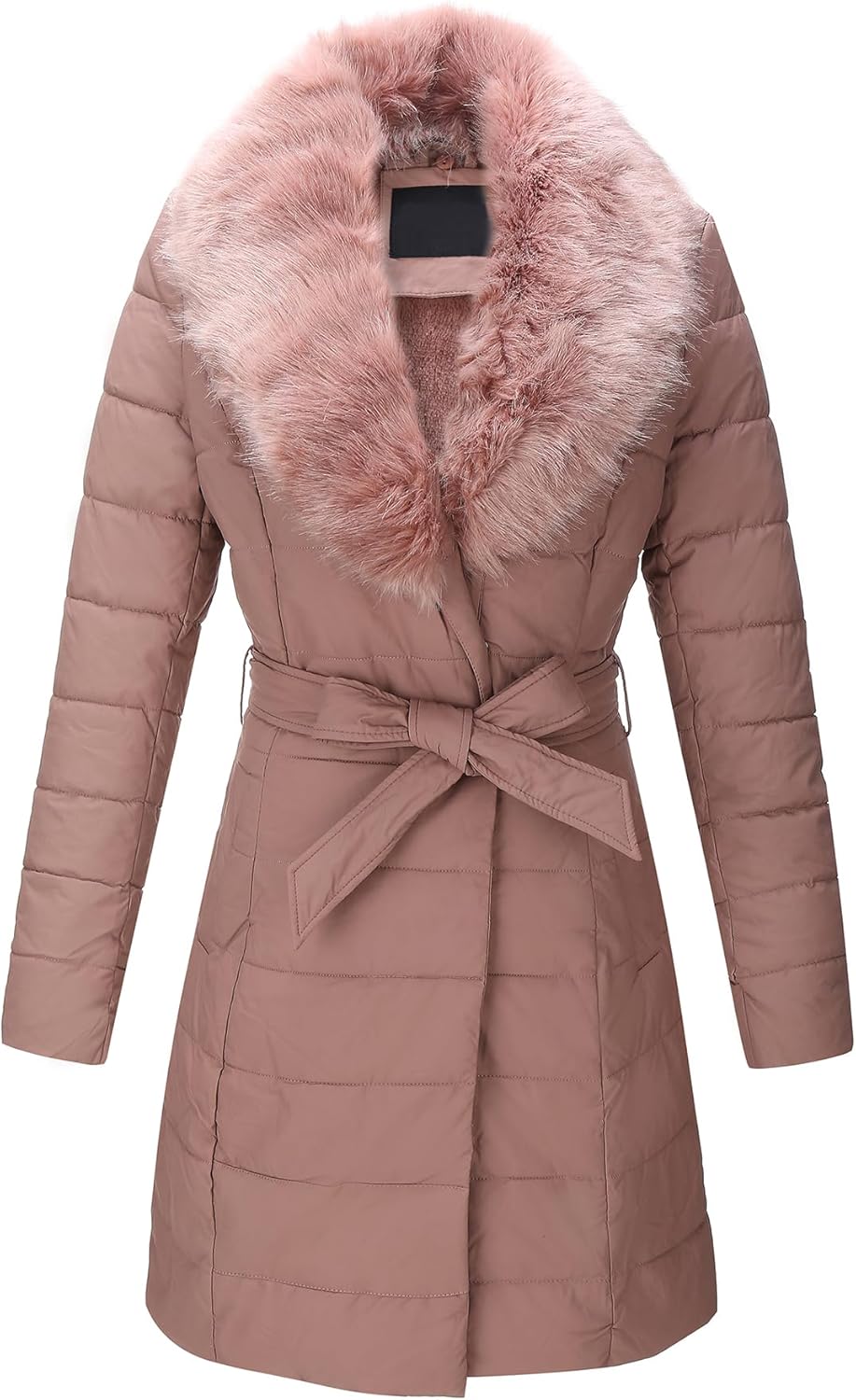 Womens Puffer Jacket Winter Thickened Plush Lining Long Warm Coat with Removable Fur Collar and Belt Outerwear