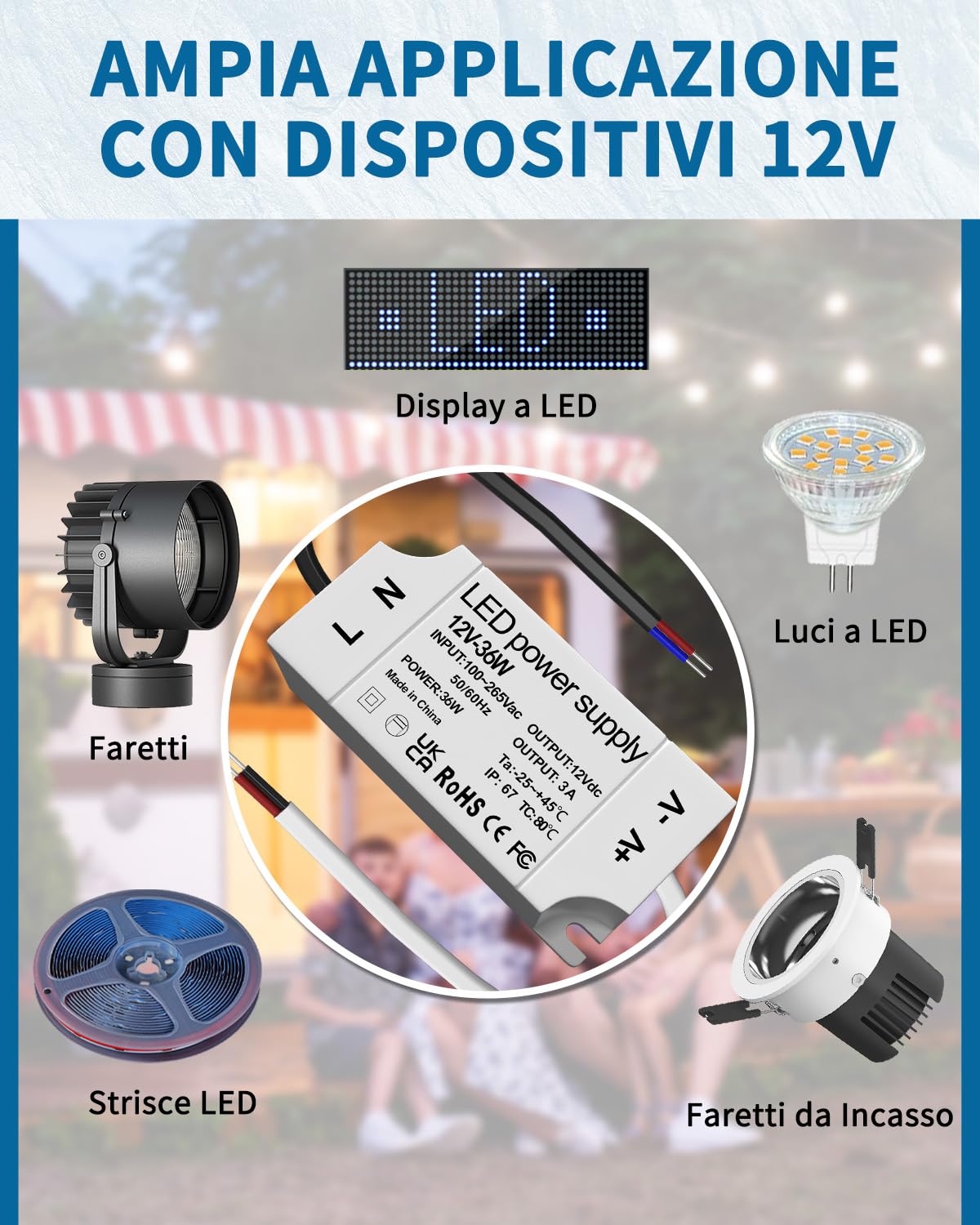 Bonlux Trasformatore 220 V 12 V LED Alimentazione 12 V 3 A 36 W IP67 Impermeabile per MR11 G4 MR16 GU5.3 Lampadine e striscia luminosa, Interno/Esterno, Mini Transfo
