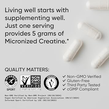 Sports Research Creatine Monohydrate Capsules 5g, 120 Count | Micronized Vegan Creatine for Muscle Gain, Strength & Performance - Non-GMO, Vegan Certified - 30 Servings