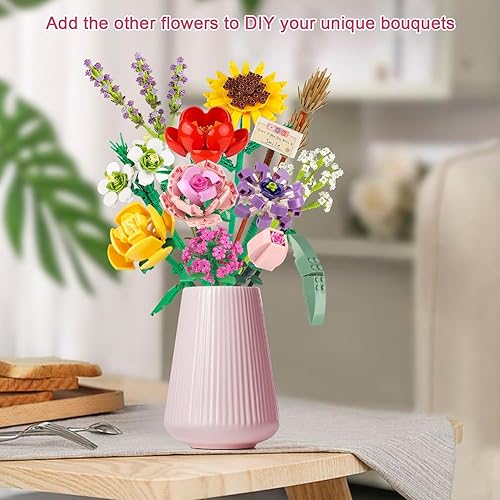 Miniatura 5 de Chodia Bloques de construcción de ramo de flores, mini juegos de ladrillos de rosa rosa, kits de juguetes creativos, kit de San Valentín, día de la