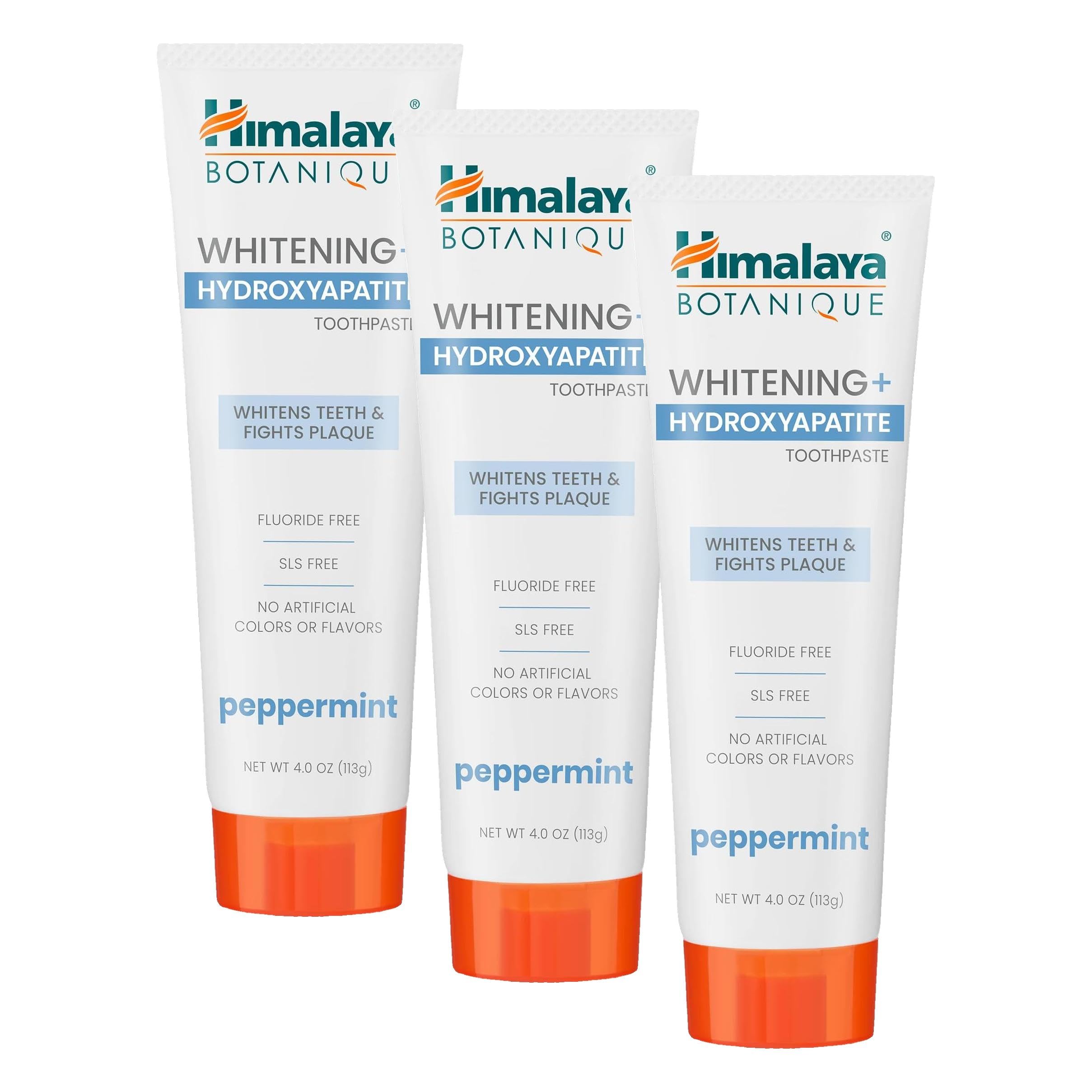 Himalaya Botanique Whitening+ Hydroxyapatite Dentifricio, Idrossiapatite (HA), Peppermint, senza Fluoro, Rimineralizzazione dal Giorno 7, Vegano, senza Glutine, 113g (Confezione da 3)