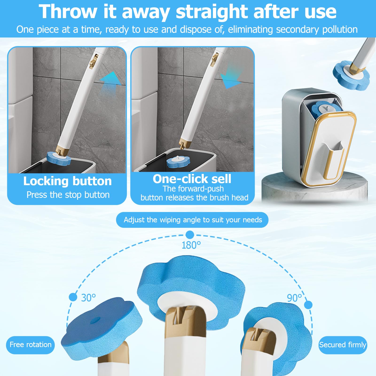 Toilet Wand Kit, Disposable Toilet Brush with 60 Refills, Blue, 5.5cm - Image 4