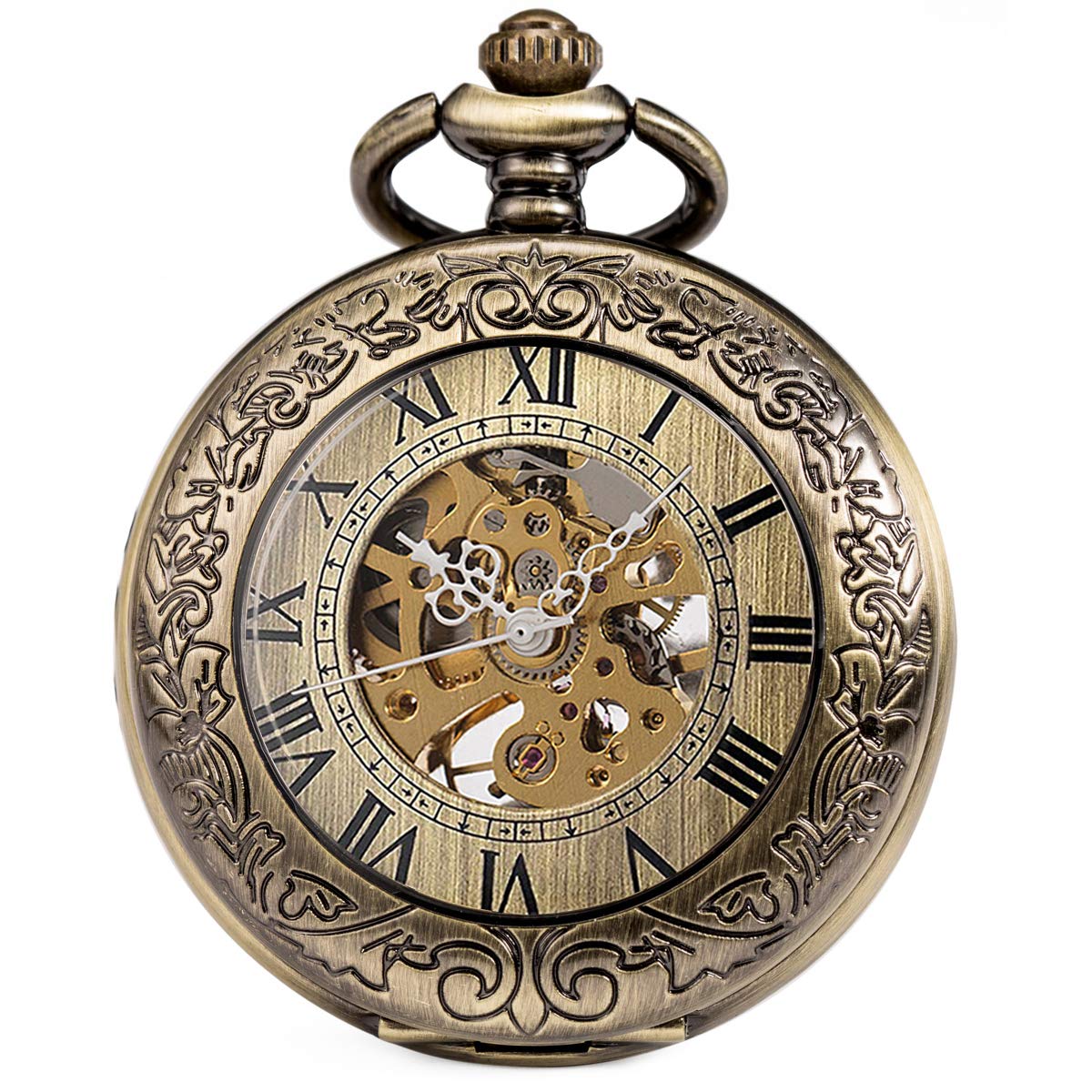 SIBOSUN Pocket Watch - Open Face Silver Vintage Steampunk Skeleton See Through Mechanical Chain