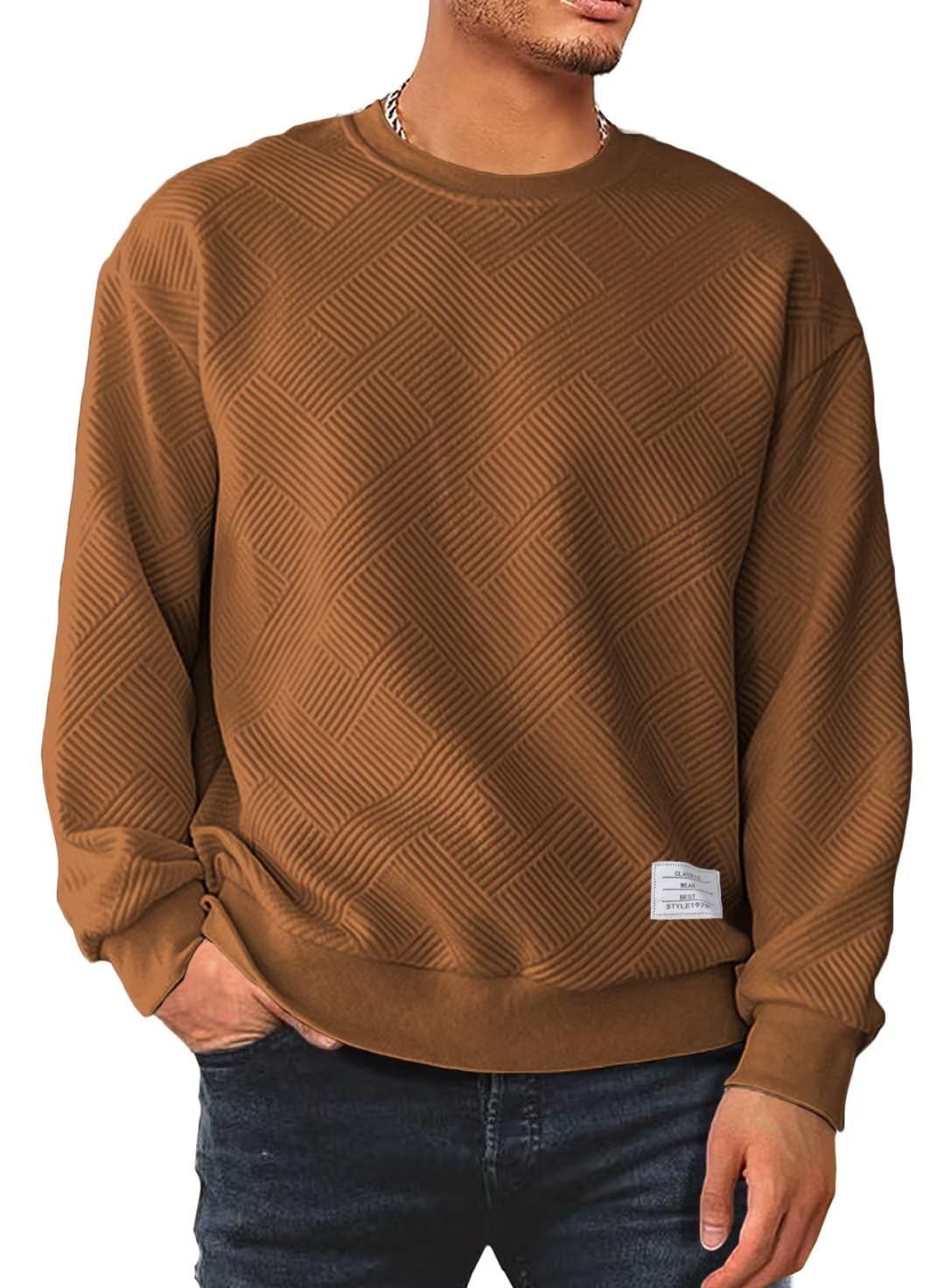 Men's Crewneck Sweatshirts Soild Color Geometric Texture Long Sleeve Casual Pullover Shirt