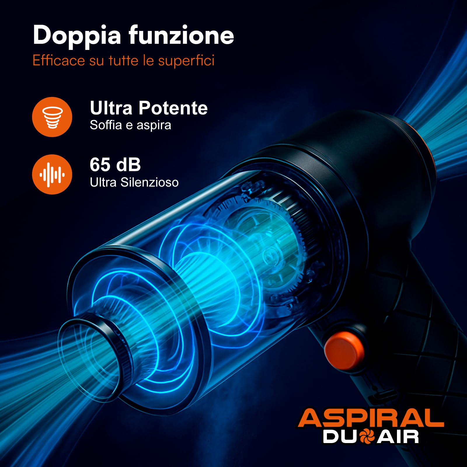 Aspirapolvere Aspirabriciole Senza Fili Auto Casa e Ufficio - Mini Aspiratore e Soffiatore Portatile 2in1 Aspiral DuoAir Ricarica Rapida USB e 4 Accessori Inclusi - Dimensioni 14x15,5x5,5cm
