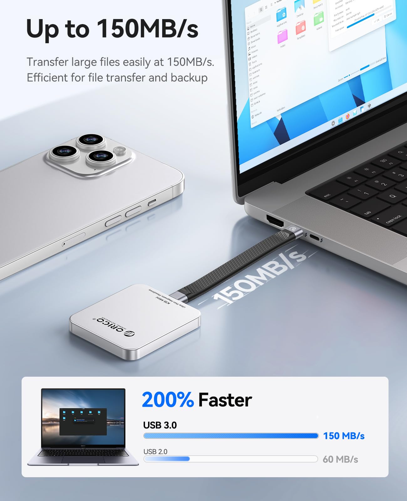 ORICO 128 GB magnetyczny zewnętrzny dysk SSD, stop aluminium, do 150 MB/s | Zewnętrzny dysk SSD, pamięć mobilna Plug & Play do iPhone'a, Android, laptopa, idealna dla studentów, domu i biura