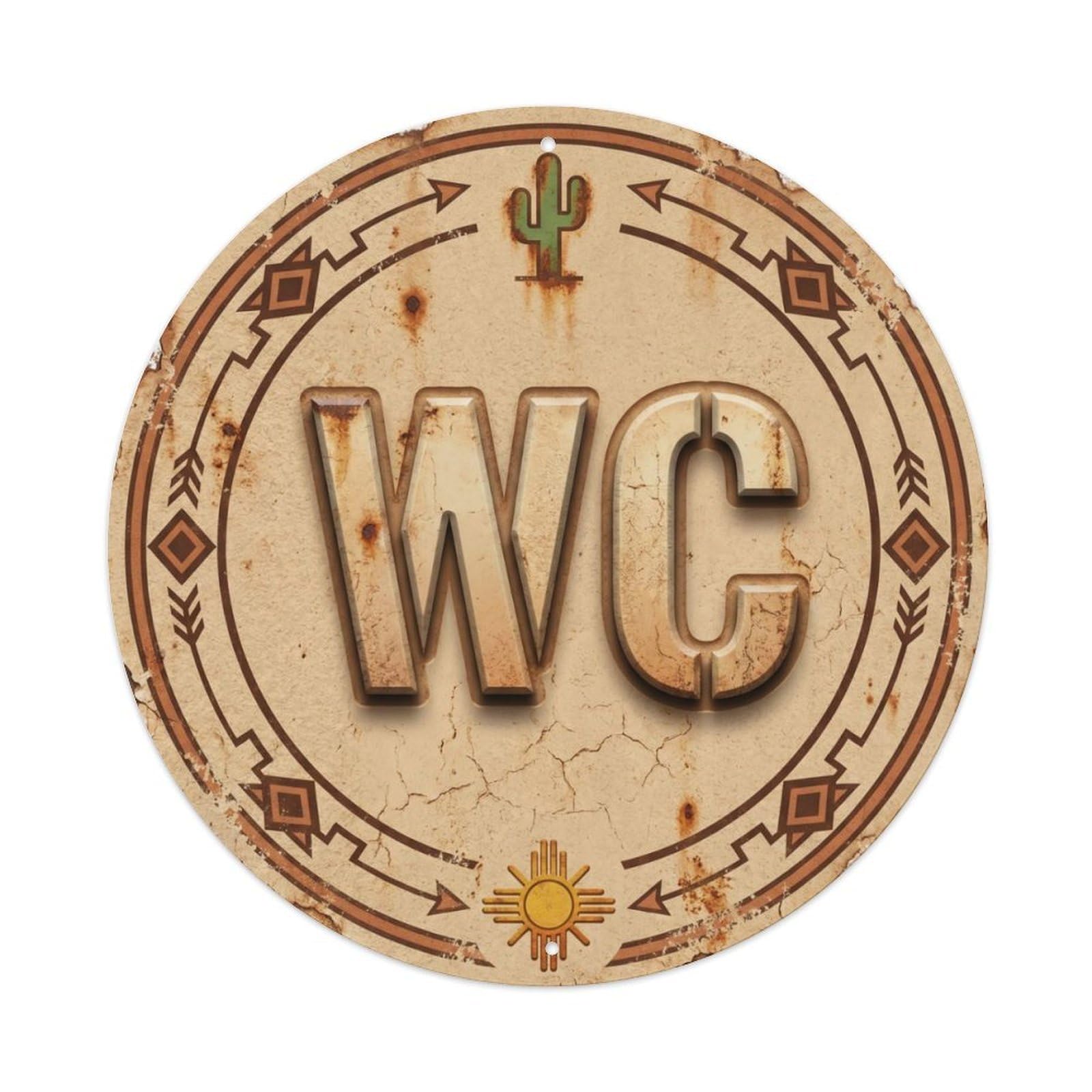 Toilet （WC） Sandstone Beige Aged Shield Metal Tin Sign Plaque Wall Decor for Cafe, Club Bar, Office, Home Garden Round Metal Poster 8x8Inch
