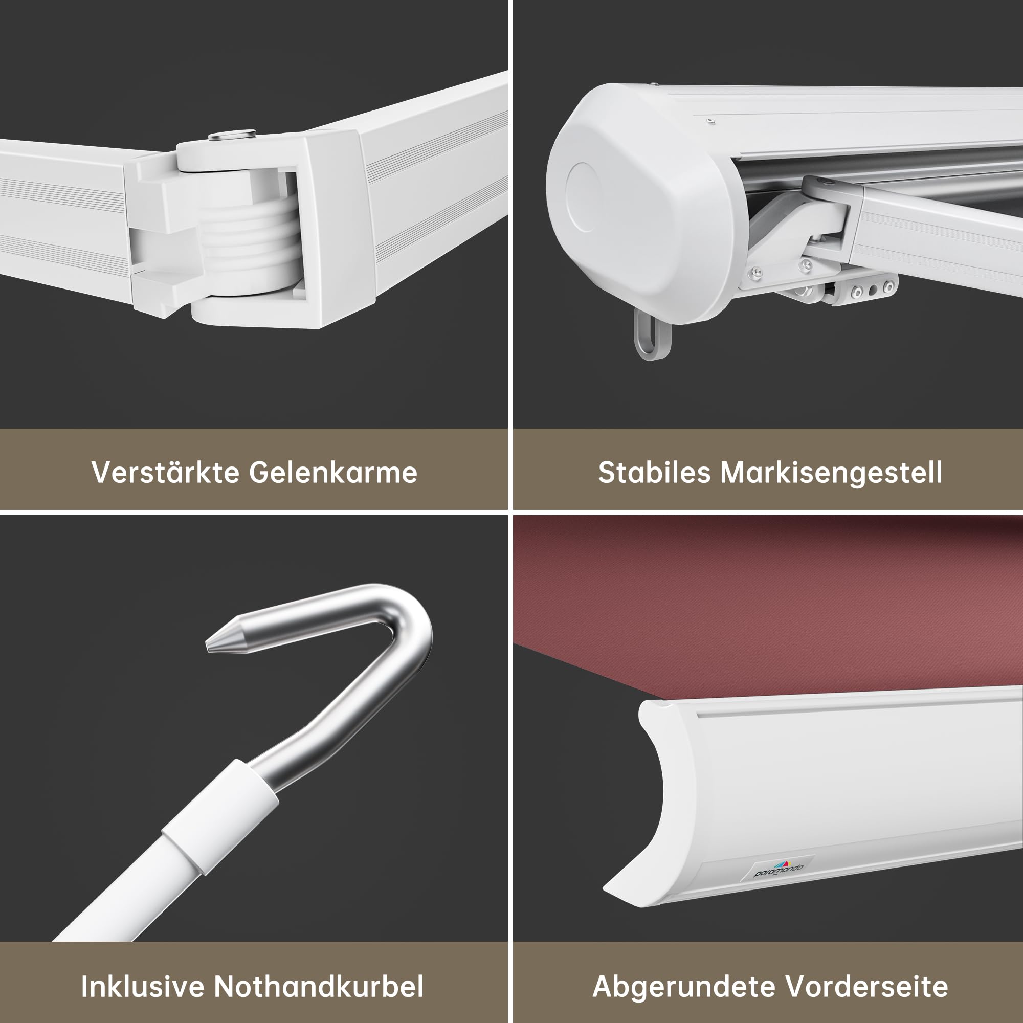paramondo Markise Kassettenmarkise Curve 2000 Gelenkarmmarkise Balkon Terrasse Sichtschutz, mit jarolift Funkmotor & Funkhandsender, 345 x 300 cm, Gestell Weiß, Stoff Uni Weinrot