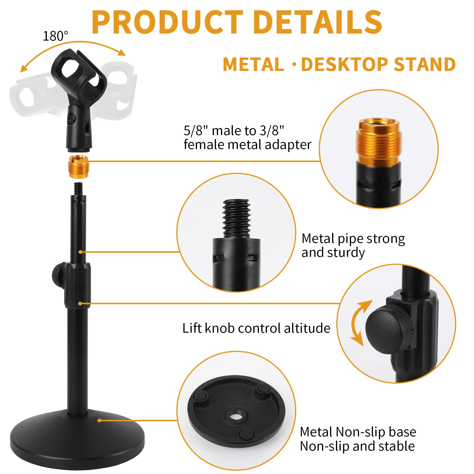 2 juegos de soportes ajustables para micrófono de escritorio, soporte de micrófono de mesa con tornillo macho de 5/8 pulgadas a hembra de 3/8 pulgadas, base redonda de metal para entrevistas de