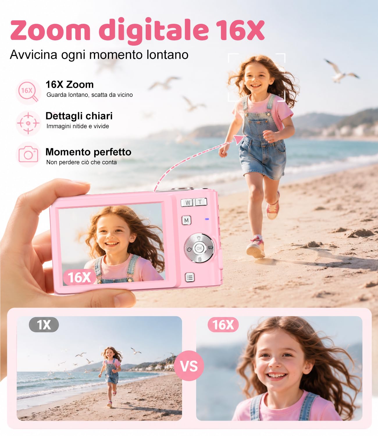 Macchina Fotografica Digitale 50MP 1080P, Autofocus, Schermo 2,4", Zoom Digitale 16X, Anti-Shake, Nero Vlogging Compatta Digital Camera per Ragazzi, Bambini, Studenti e Principianti, Rosa 16GB