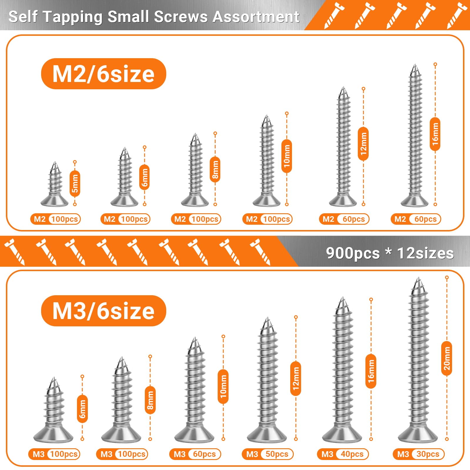 Xyxu Small Wood Screws Assortment, 900PCS M2, M3 Flat Head Self Tapping Screw Set - Image 2
