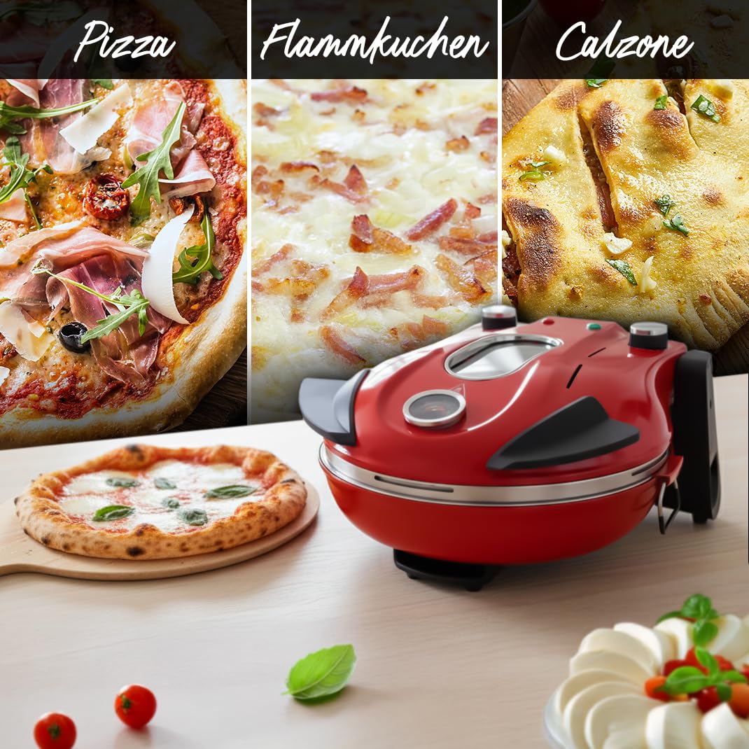 KLAMER Pizzaofen elektrisch, Pizza Ofen mit ⌀ 31cm, 1200W, 400°C, abnehmbarer Keramik Pizzastein, 5 Temperaturstufen, 15 Minuten Timer, Inkl. 2x Pizzaschieber