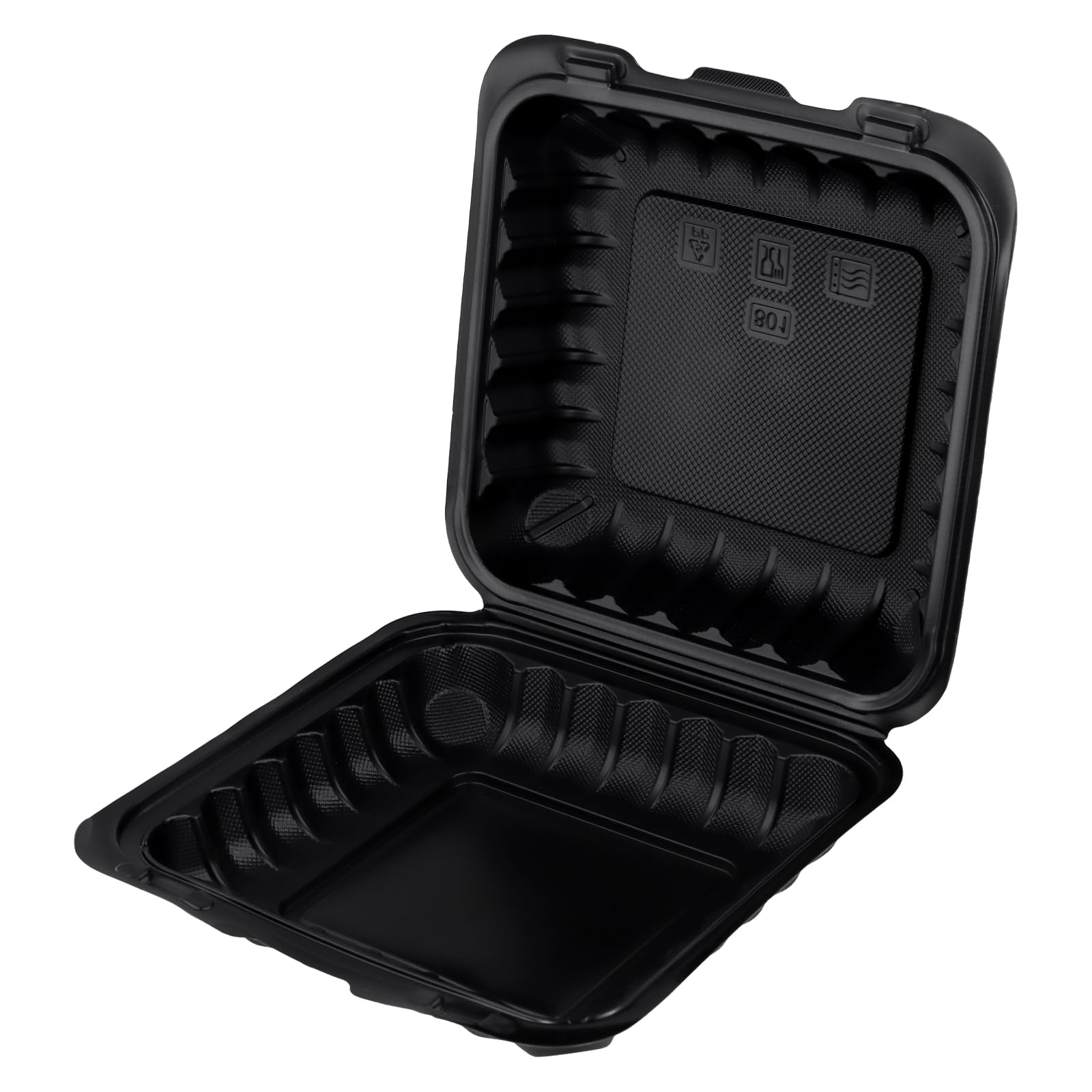 SINJEUN 70 Stück Clamshell Lebensmittelbehälter, 20,3 x 20,3 x 7,1 cm, wiederverwendbare schwarze Take Out Boxen mit Deckel, Kunststoff To Go Behälter für Frühstück, Mittagessen, Salat, Klapp-Design