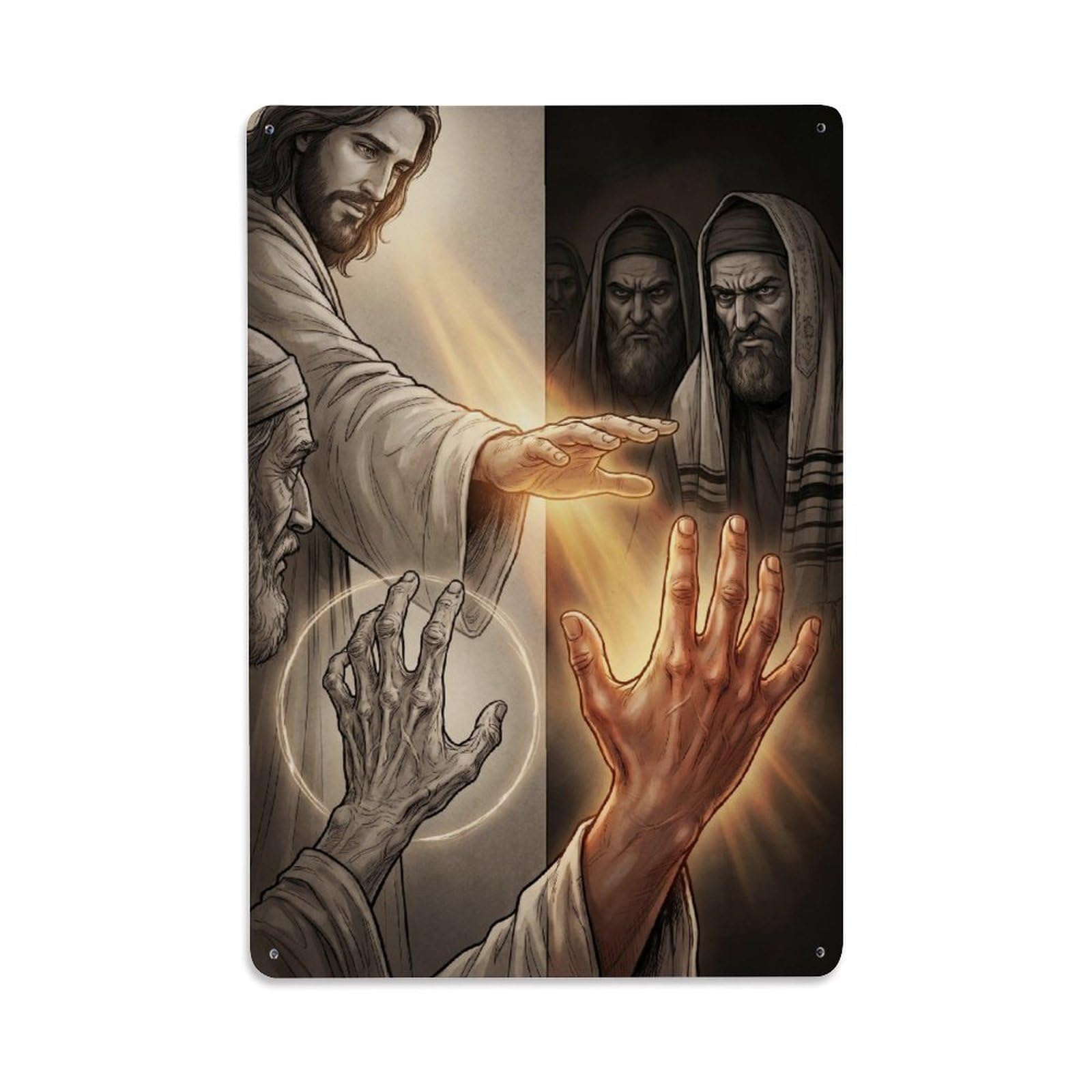 Jesus Heals Withered Hand Bible Miracle Faith Gospel Metal Tin Sign Plaque Wall Decor for Cafe, Man Cave, Club Bar, Office, Home Garden Round Metal Poster 8x12Inch