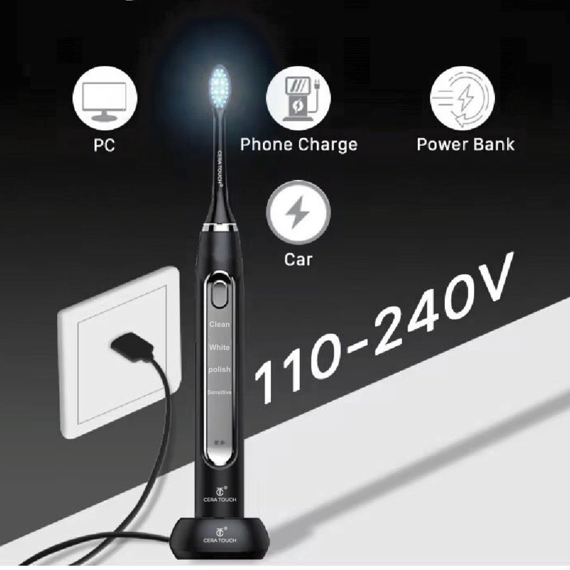 CERA TOUCH Elektrische Zahnbürste mit 6 blauen LEDs, elektrische Zahnbürste für Erwachsene, 4 Modi mit Smart-Timer, Plaque-Entfernung und Memory-Funktion, 2 Köpfe, IPX7 wasserdicht, Reiseetui