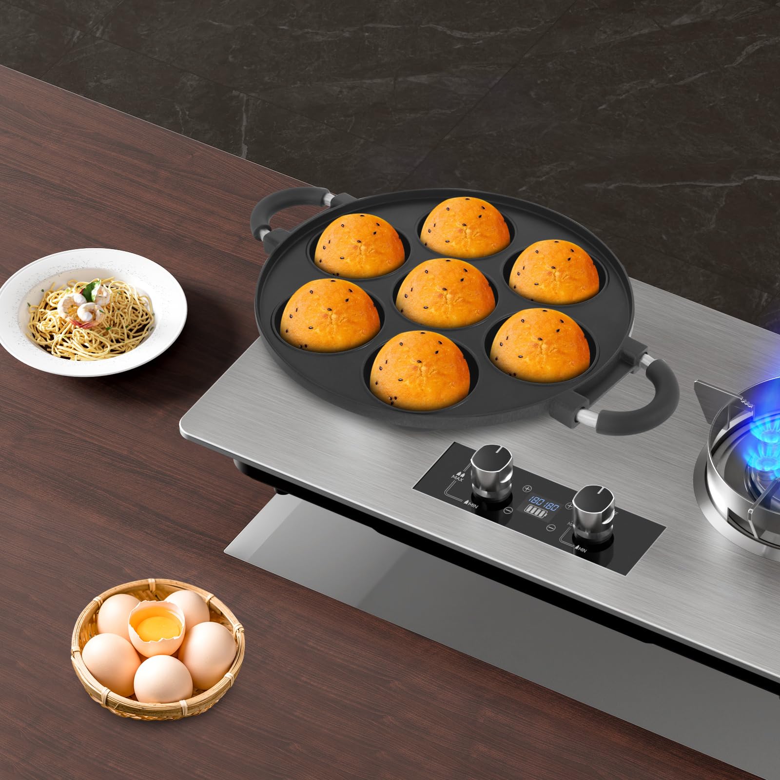 7-Hole Nonstick Takoyaki & Pancake Pan - Professional Aluminum Baking Griddle for Home/Commercial Use, Heavy-Duty Japanese-Style Cooking Mold (Easy Clean & Even Heating)