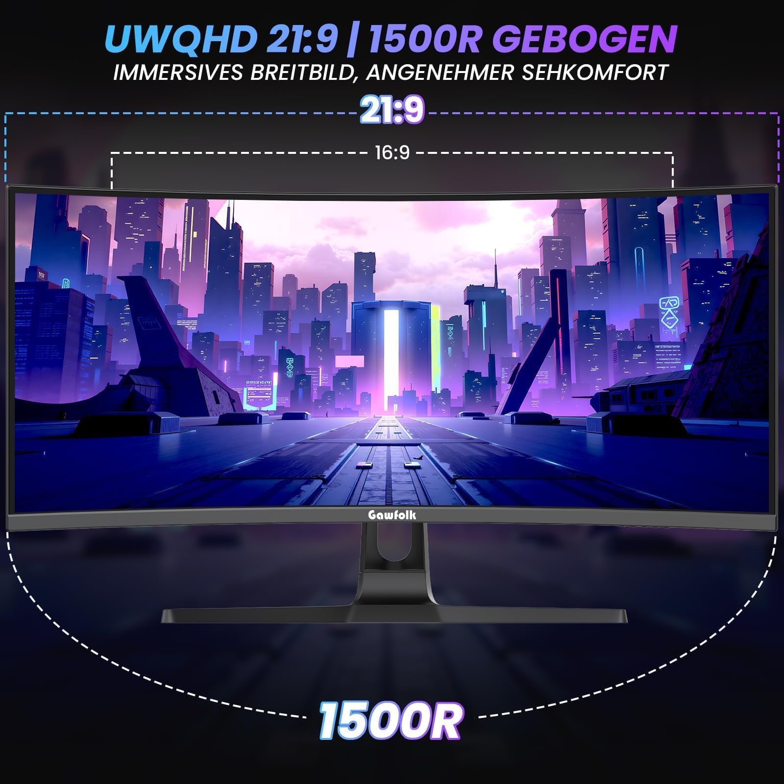 Gawfolk Monitor Gaming Curvo 34'' 240hz, UWQHD 3440x1440, 1500R， Adaptive Sync, HDMI2.0 & DP1.4