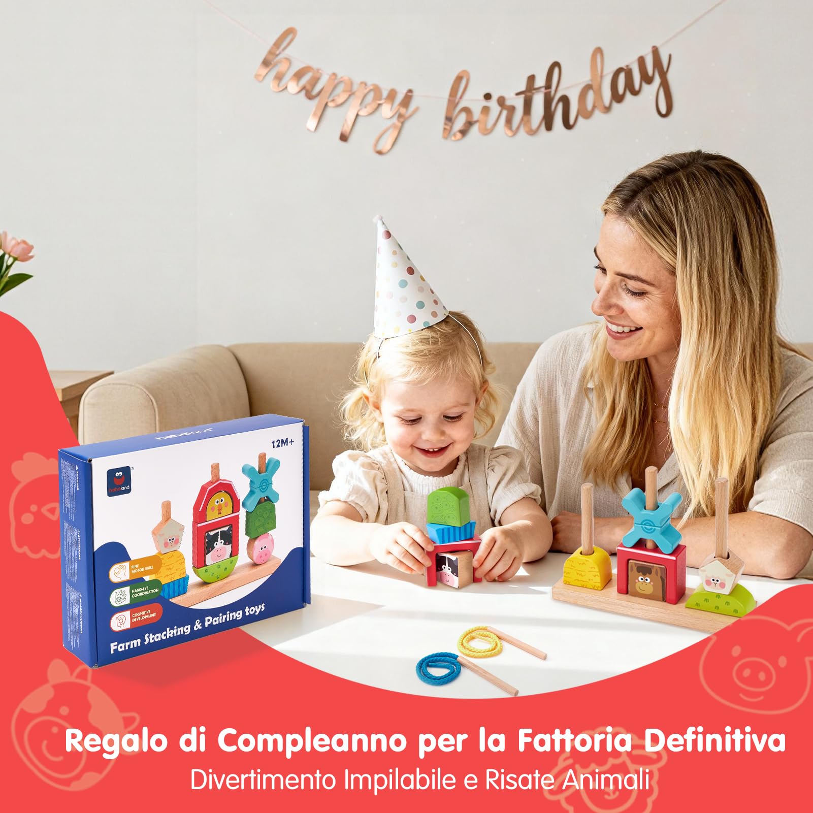 hahaland Giochi Montessori 1 Anno, Fattoria Giochi Legno Bambini da Impilare e Ordinare, Gioco Educativi Interattivo Regalo Bimbo Bimba 1 2 3 Anni