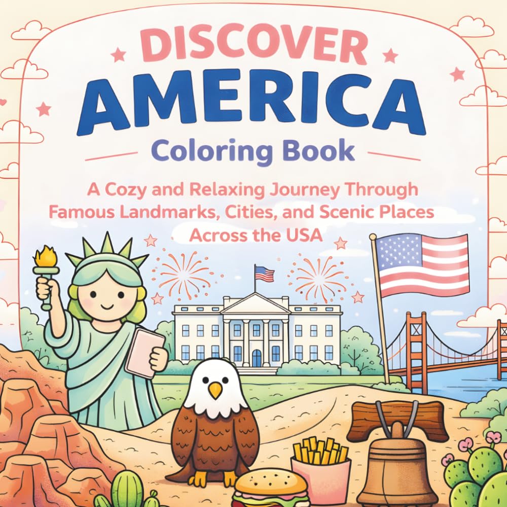 Discover America Coloring Book: A Cozy and Relaxing Journey Through Famous Landmarks, Cities, and Scenic Places Across the USA