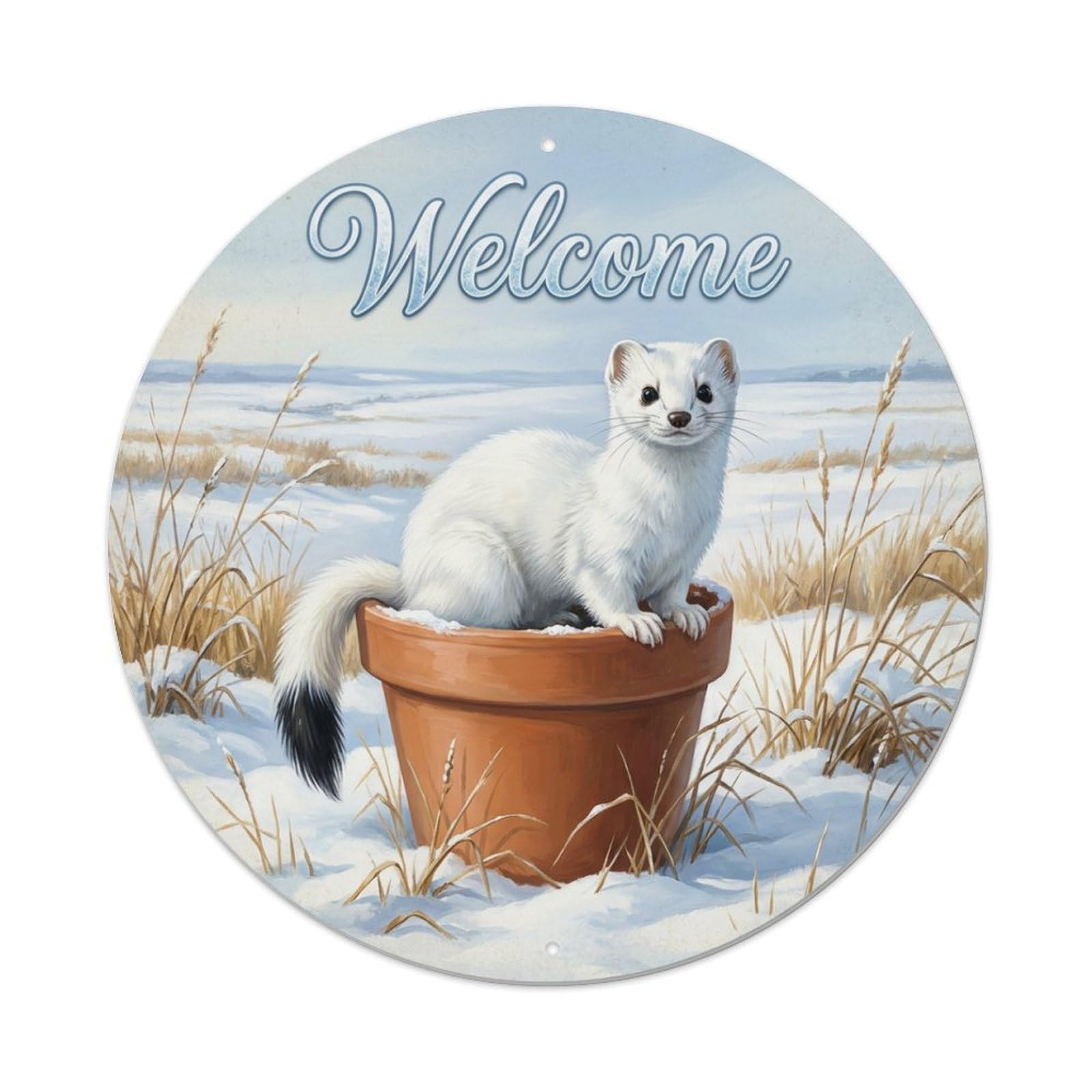 Metal Tin Sign Welcome Stoat Snowy Field