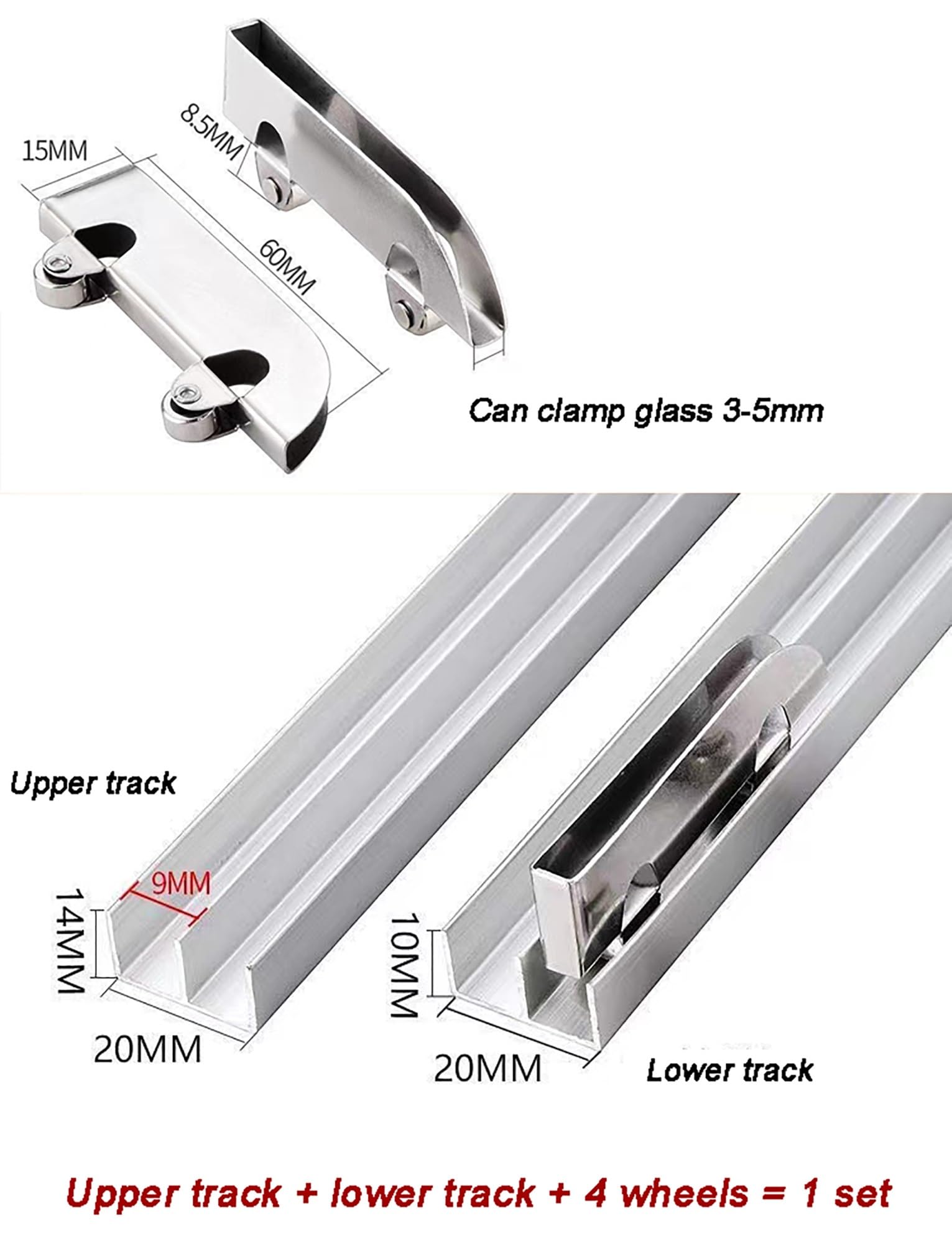 Sistema de riel de puerta corredera para gabinetes de vidrio acrílico, doble vía con ruedas de aleación de aluminio, diseñado para paneles de vidrio de 5 mm de espesor