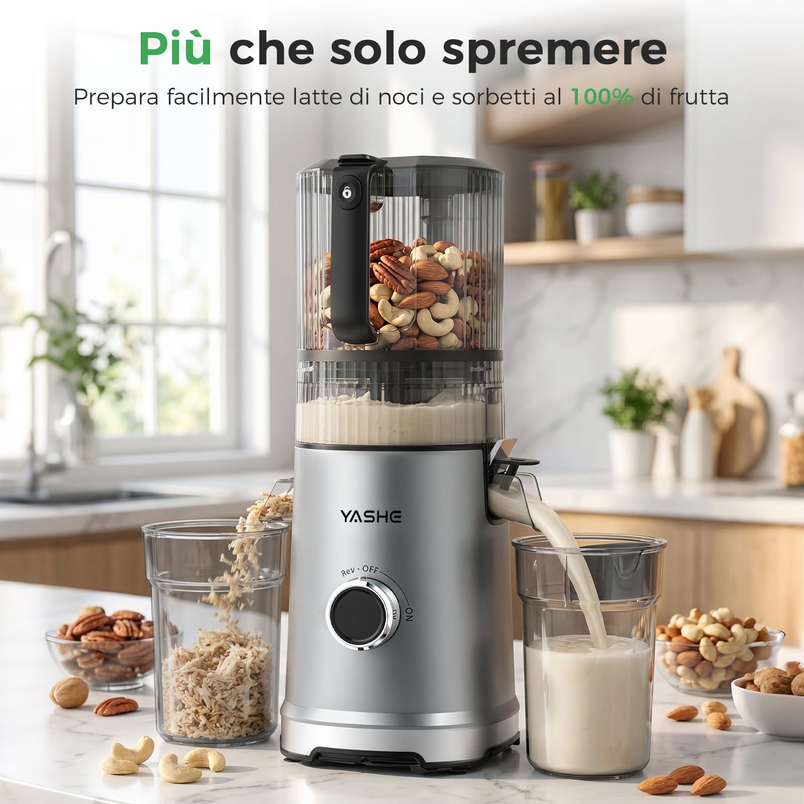 YASHE Estrattore di Succo a Freddo 600W, Bocca Extra Large 152 mm per Frutta e Verdura Intera, 3-in-1 per Succo, Sorbet e Latte Vegetale, Funzione Inversa, Senza BPA, Lavabile in Lavastoviglie