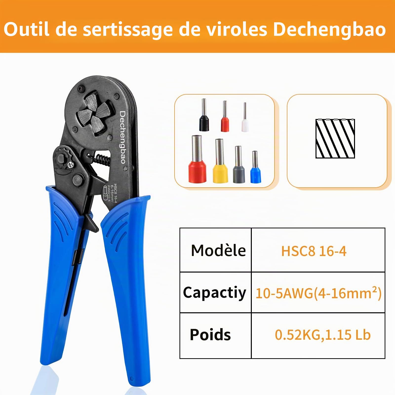 Outil de sertissage de virègle, pince de sertissage de fil à mâchoire carrée (0.08-16mm²) bornes de virègle sertisseur
