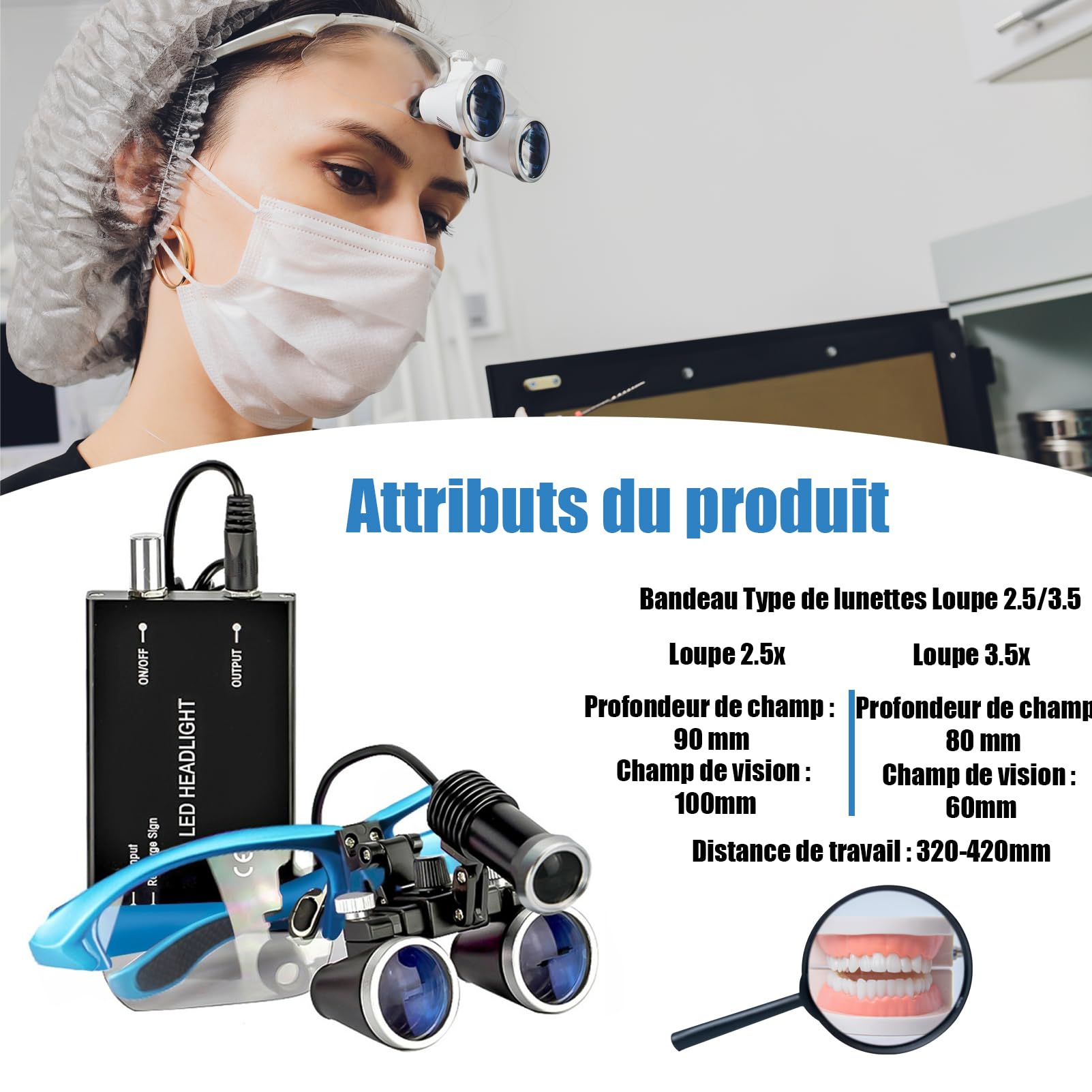 Loupes Binoculaires Frontales Professionnelles 3.5X LED pour Dentaire, Bijouterie, Chirurgie - Grossissement Optique Verre - Distance Focale 420mm - Léger & Portable avec Étui