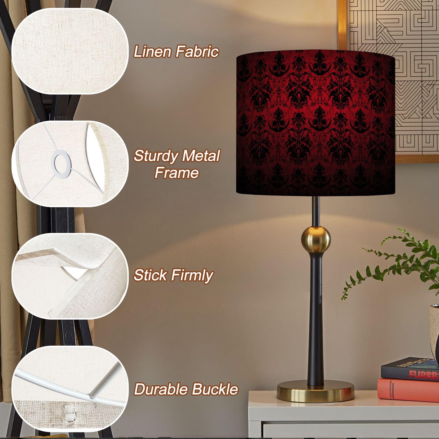 Royal Vintage Gothic Lampshade - Dark Red & Black Drum Style, 11x9 Inches, Easy Install For Table & Floor Lamps