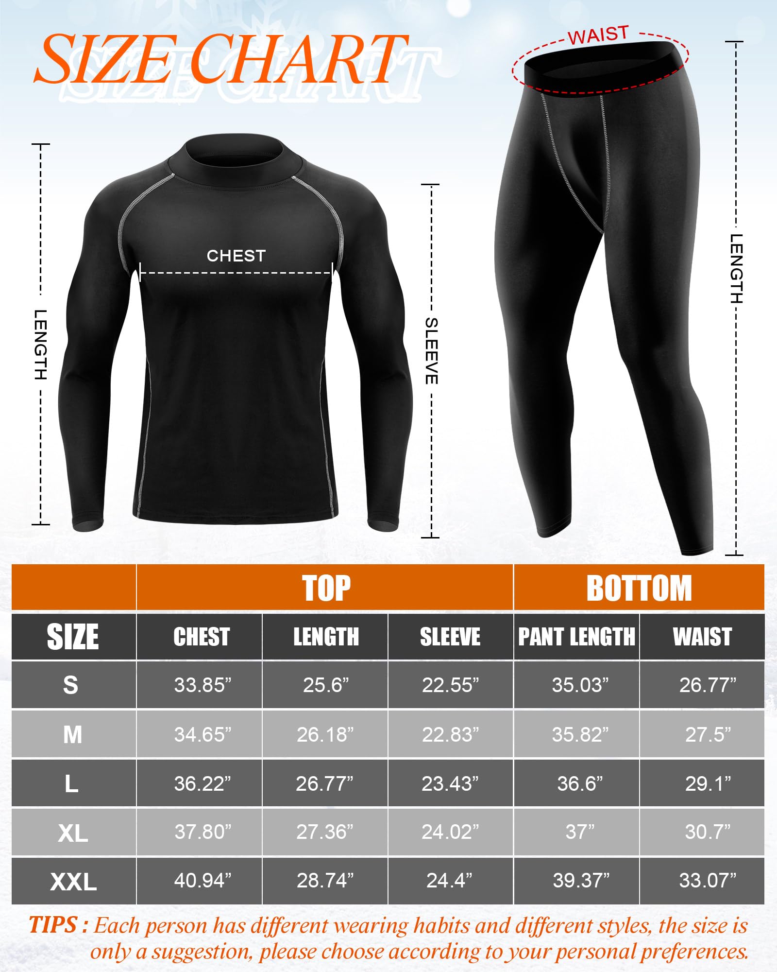 Hicarer Thermo-Unterwäsche-Set für Herren, mit Fleece gefüttert, Sportunterwäsche, Winterunterteil für Workout, Sport, Jagd, 4 Sets
