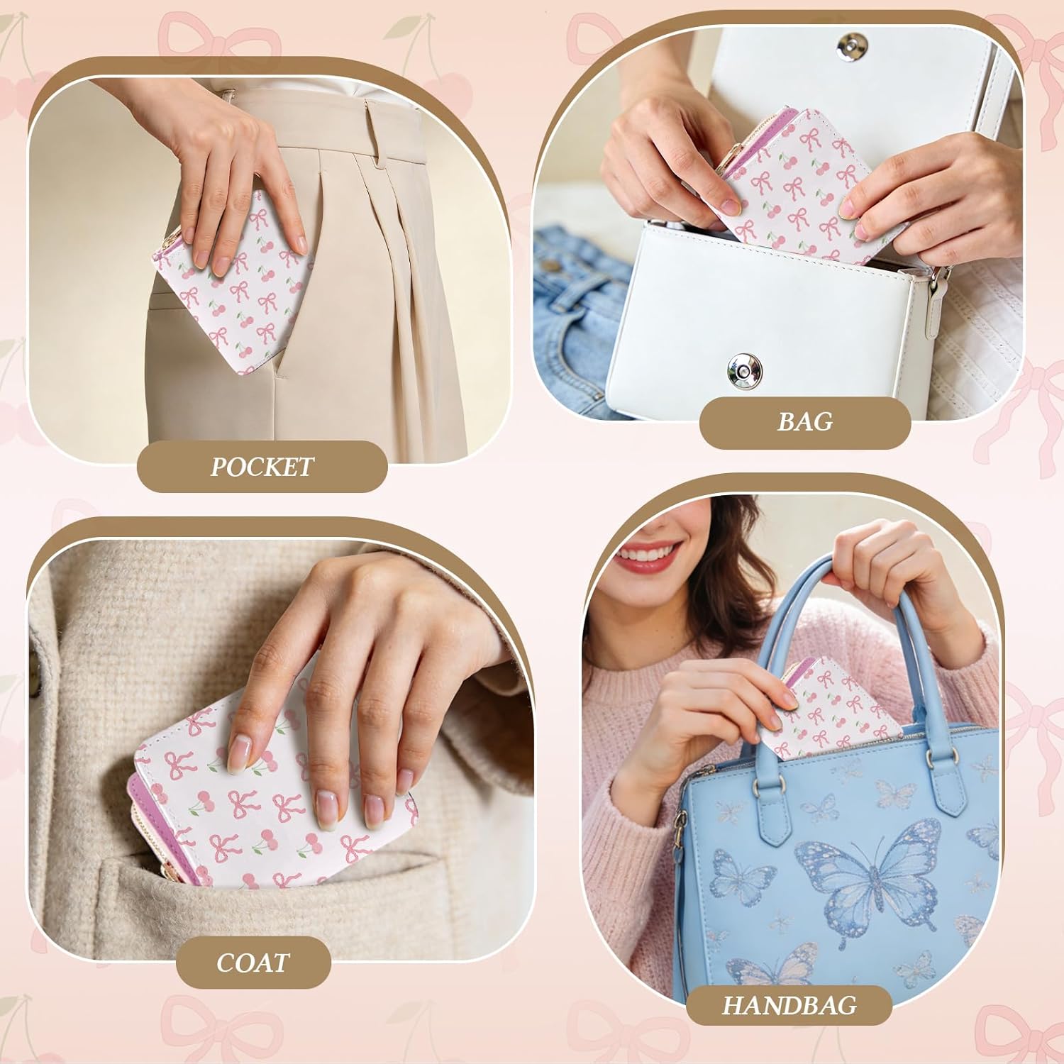 Pink Womens Accordion Wallet, Cute Cherry Bow Wallet, Zipper Accordion Wallets for Women, PU Leather Card Cases Money Organizers Wallets, Credit Card Holder Large Capacity, Gift for Teen Girl - Image 5