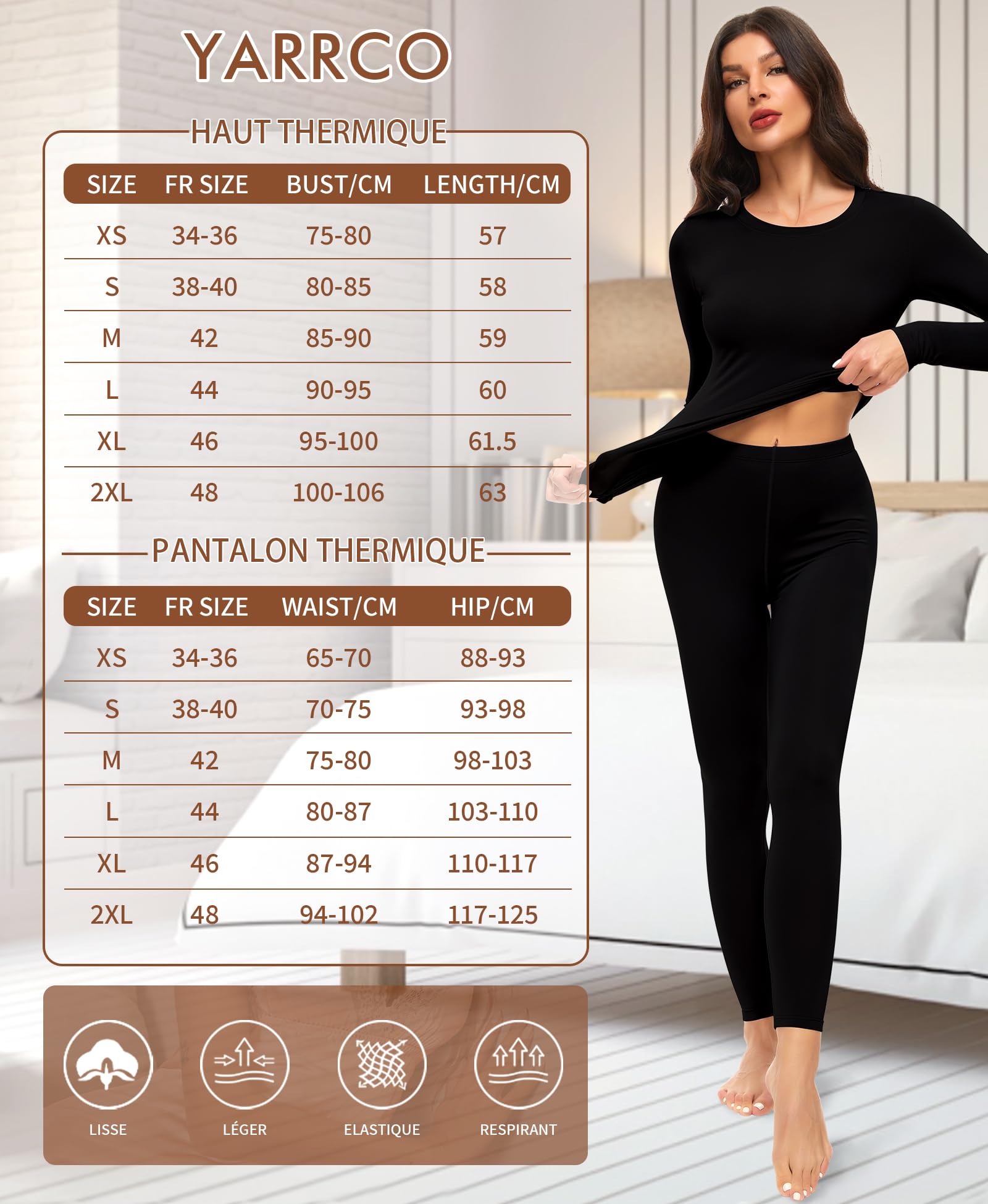 sous Vetement Thermique Femme Haut Manches Longues Pantalon Chaud & Léger Col Rond Ensemble Ski Hiver en Polaire Leggings