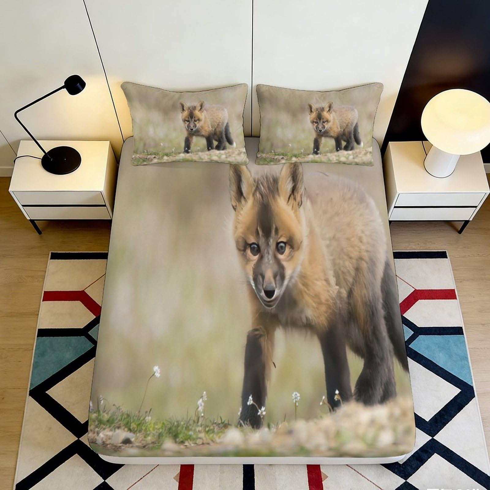 Nature Inspired 3D Printed Fox Fitted Sheet, Soft Microfiber, Wrinkle Resistant, Bedroom Bed Sheet, apartment bedding essential 120x200x25cm