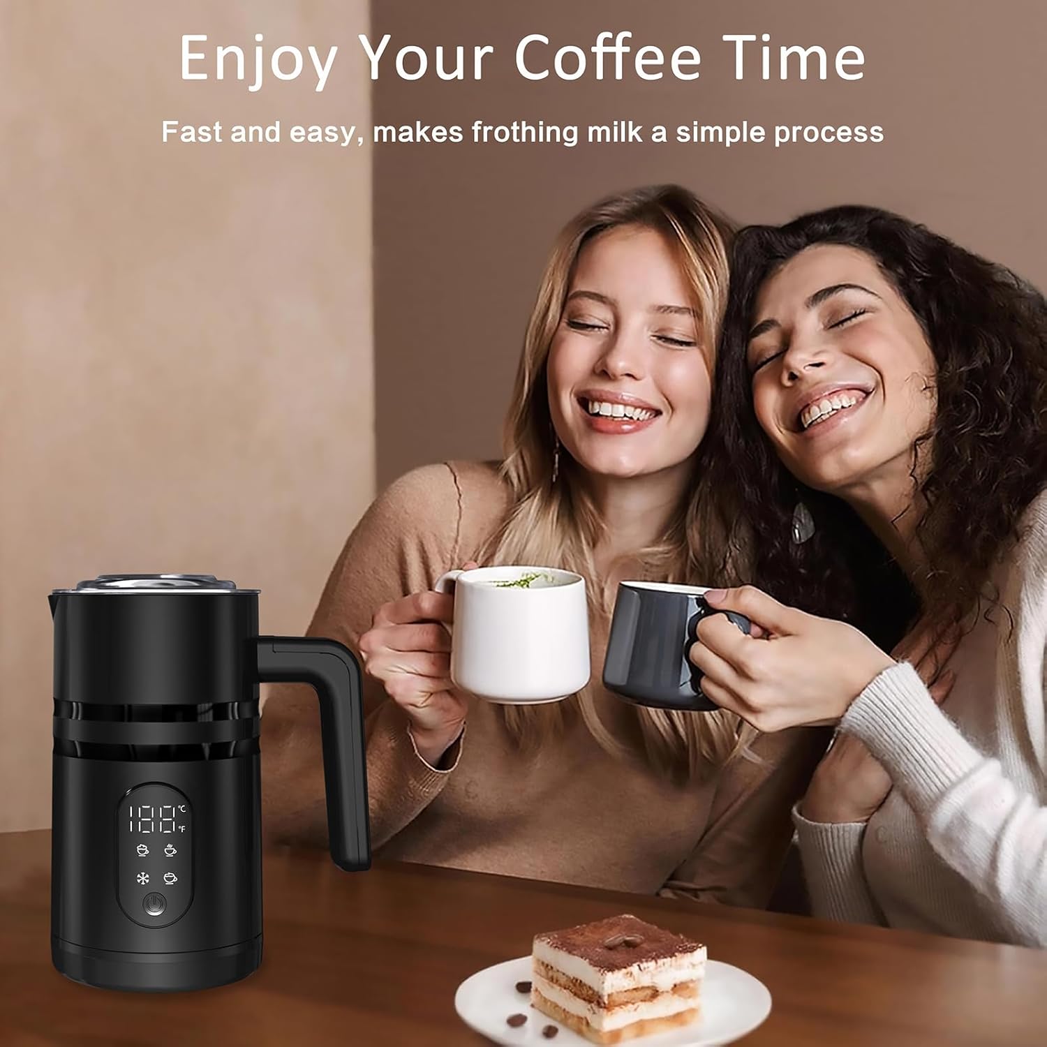 4 in 1 Electric Milk Frother Automatic Hot & Cold Foam Maker Auto Shut-Off Durable Stainless Steel Milk Frother Enjoy Perfect Milk Froth in 2 Min for Macchiato (Black-With Digital Display)