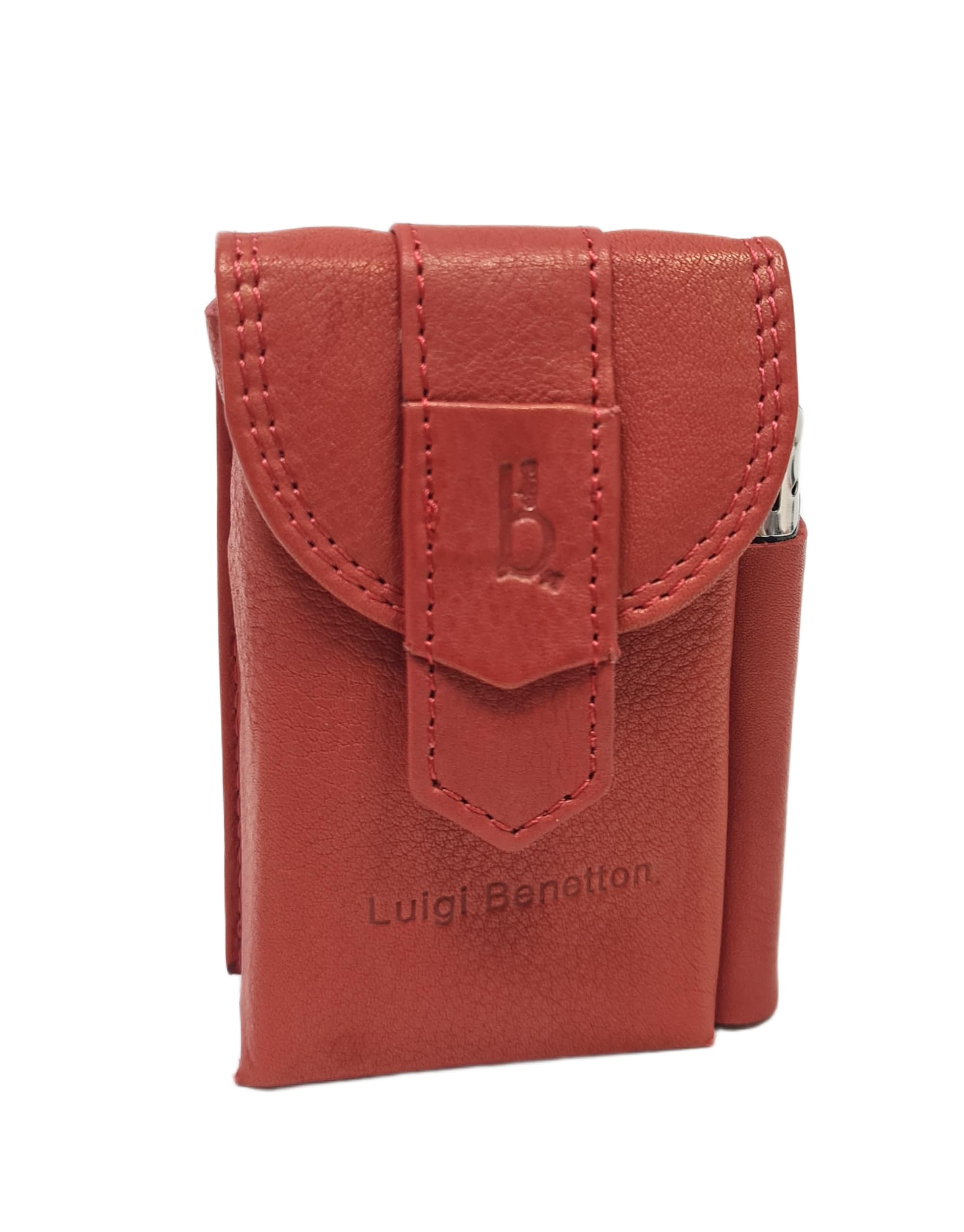 Luigi Benetton Pitillera de piel auténtica, doble botón, porta mechero lateral, dimensiones 10 x 6,5 x 3 cm, con caja de regalo Art. 3176 (rojo)