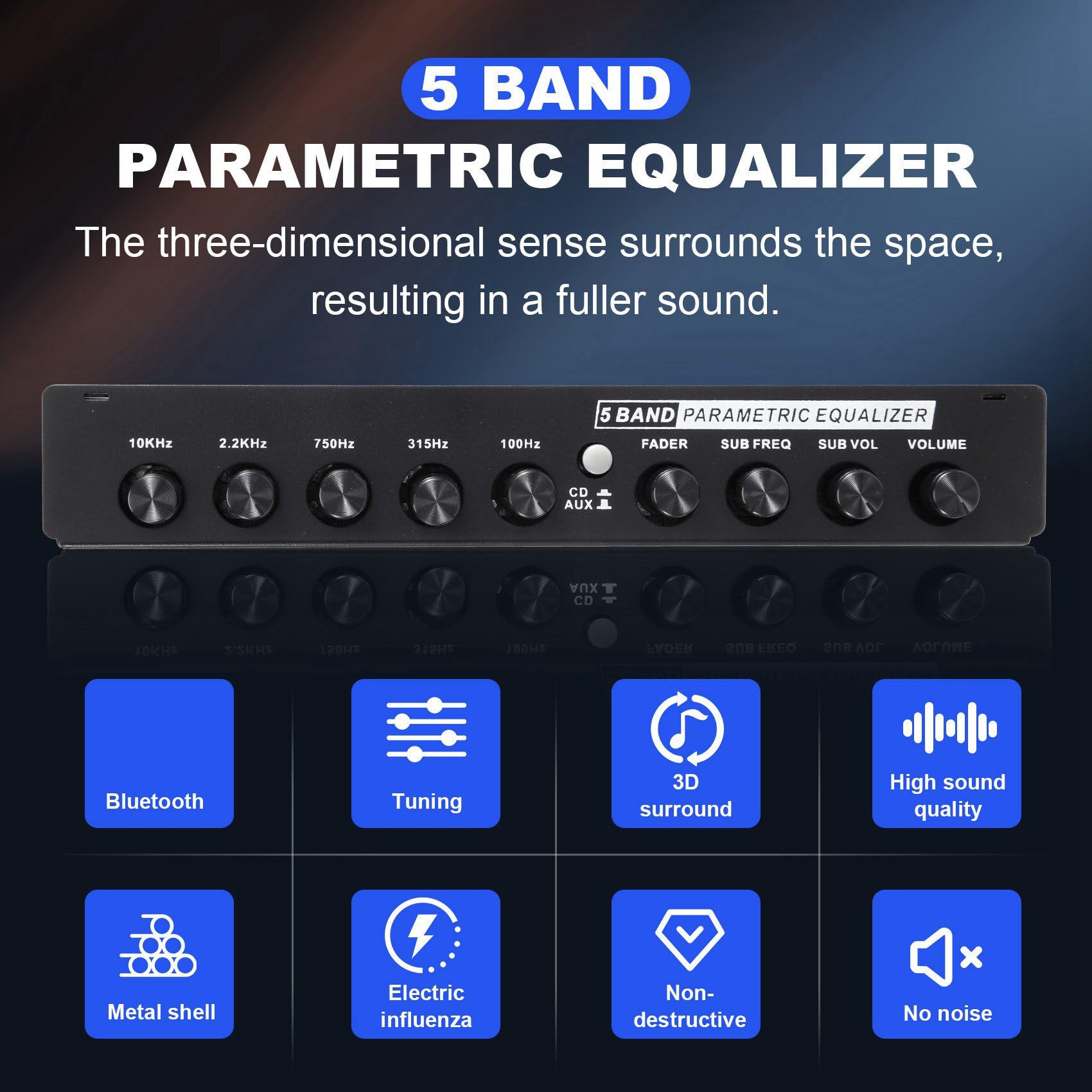 3X Ecualizador de Audio para Automóvil de 5 Bandas, Ecualizador Gráfico Ajustable para Amplificador de Automóvil EQ de 5 Bandas con Interruptor de Selección de Entrada CD/AUX,Negro
